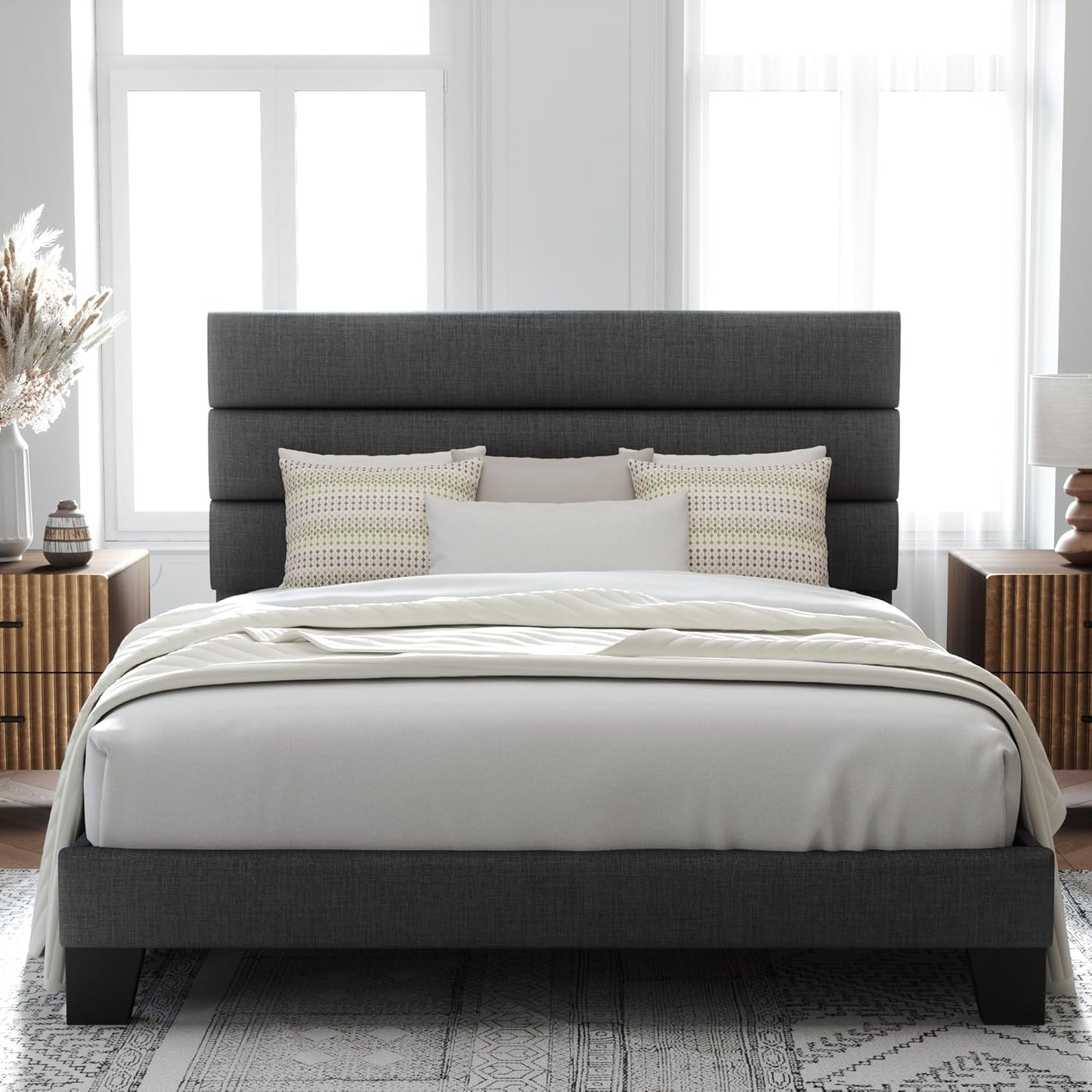 Allewie King Size Platform Bed Frame with Fabric Upholstered Headboard and Wooden Slats Support, Fully Upholstered Mattress Foundation/No Box Spring Needed/Easy Assembly, Beige