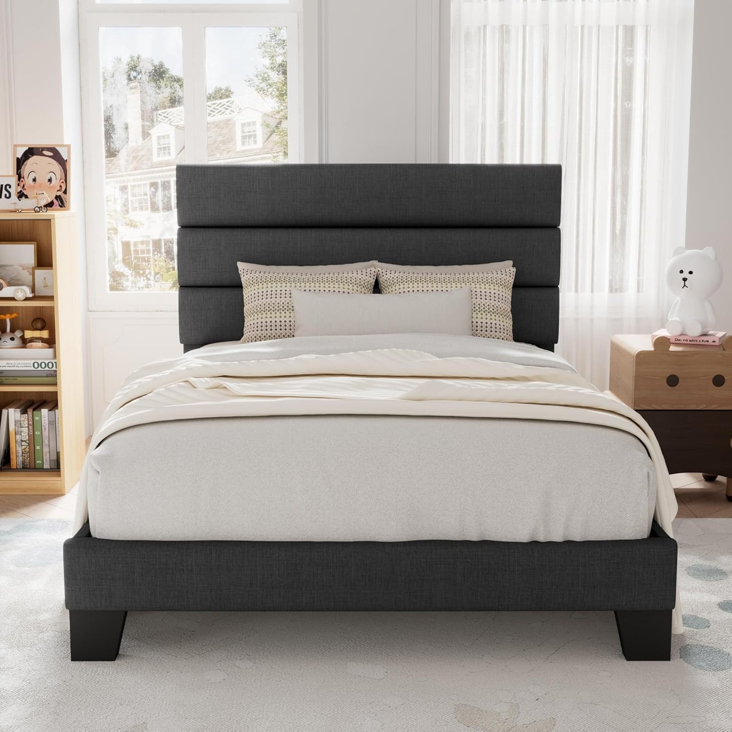 Allewie King Size Platform Bed Frame with Fabric Upholstered Headboard and Wooden Slats Support, Fully Upholstered Mattress Foundation/No Box Spring Needed/Easy Assembly, Beige