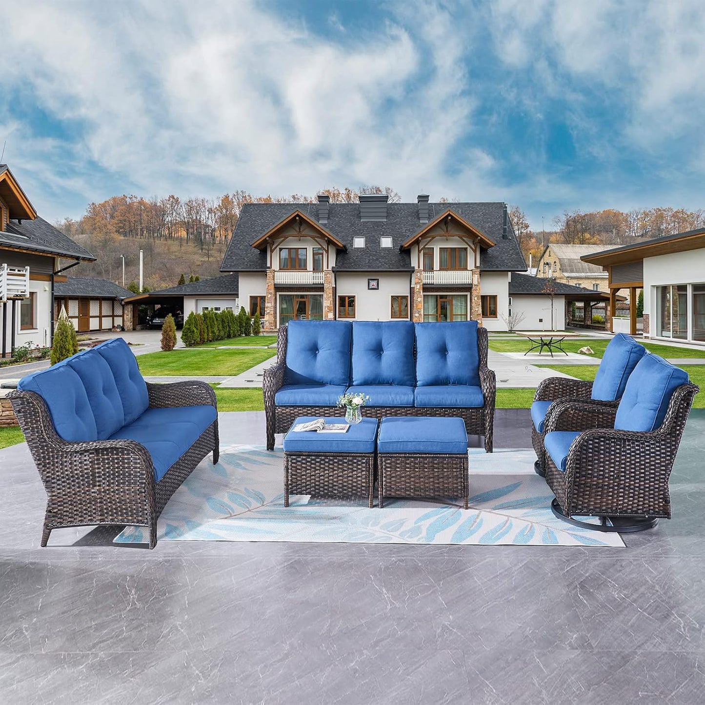 Rilyson Wicker Rocking Chair Swivel Chairs - 4 Piece Rocker Patio Chairs Set Rattan Rocking Chair for Outdoor Porch Deck Garden Backyard(Mixed Grey/Blue)