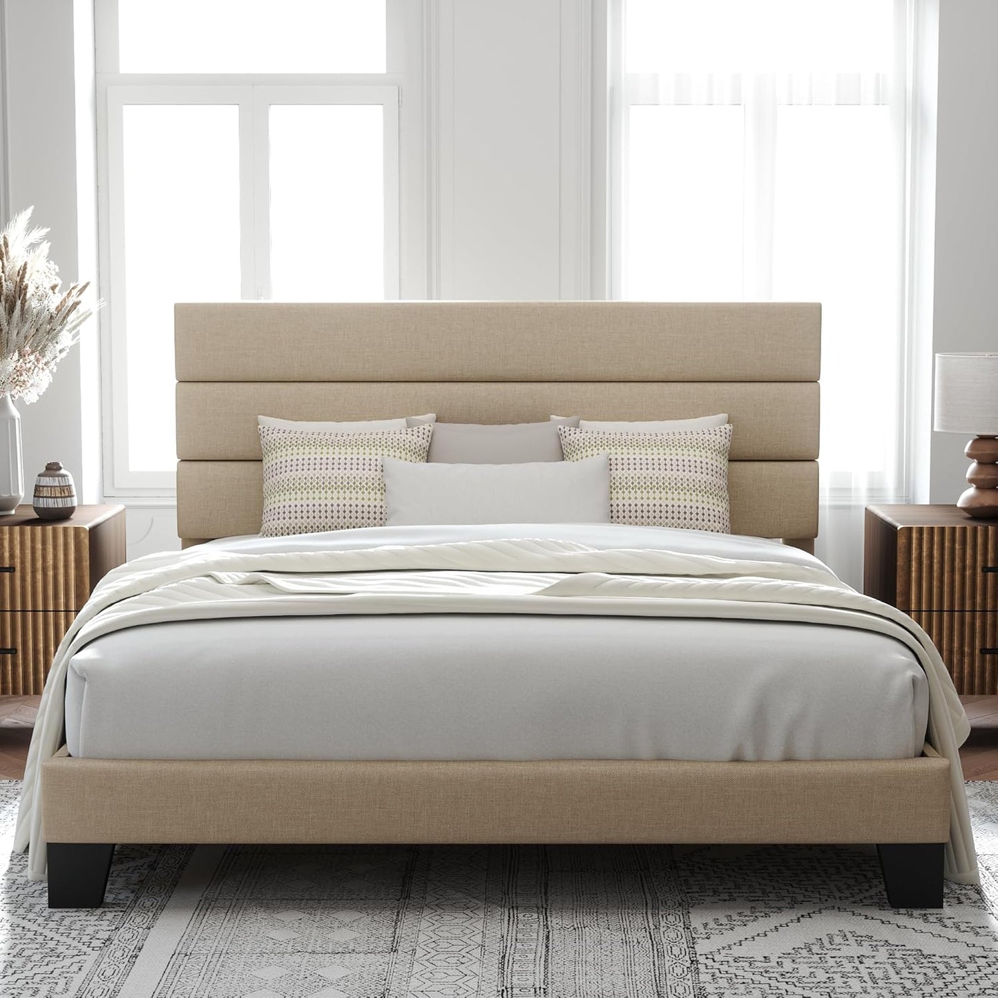 Allewie King Bed Frame Platform Bed with Fabric Upholstered Headboard and Wooden Slats Support, Fully Upholstered Mattress Foundation/No Box Spring Needed/Easy Assembly, Dark Grey