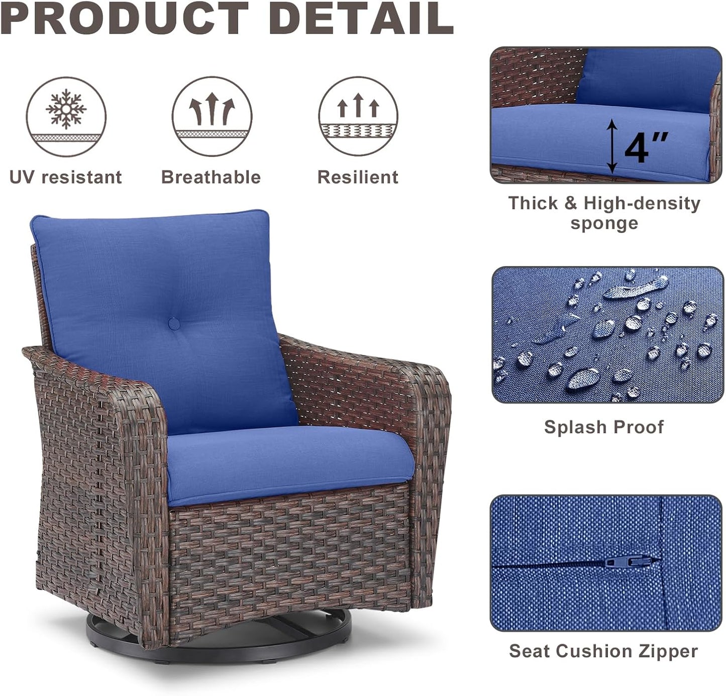 Rilyson Outdoor Patio Swivel Rocker Chairs - 3 PC Wicker Patio Bistro Sets with High Back,Comfy Cushions, Deep Seating and Side Table for Porch Deck Backyard Garden(Brown/Blue)