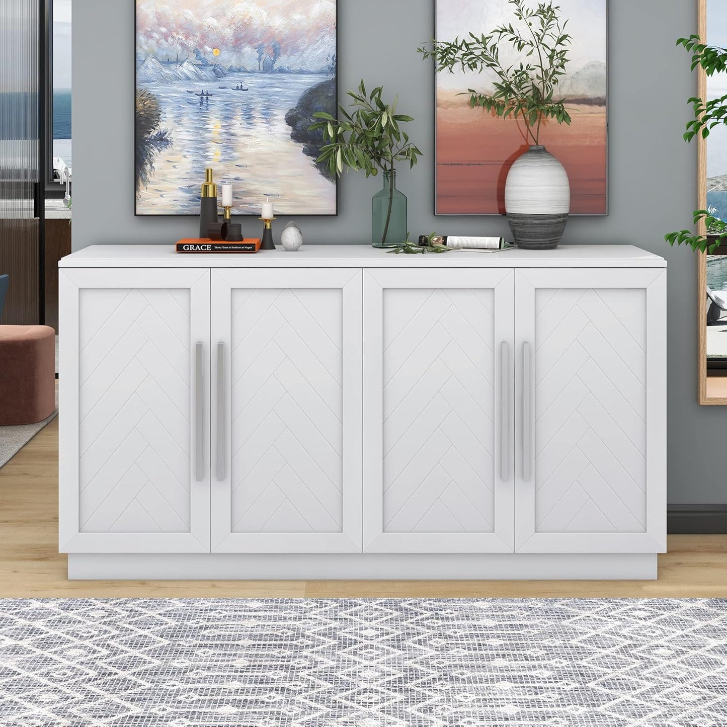 Harper & Bright Designs Rustic Storage Cabinet, Accent Storage Cabinet with 2 Drawers and 4 Classic Fabric Basket for Kitchen/Entryway/Living Room, Antique Navy