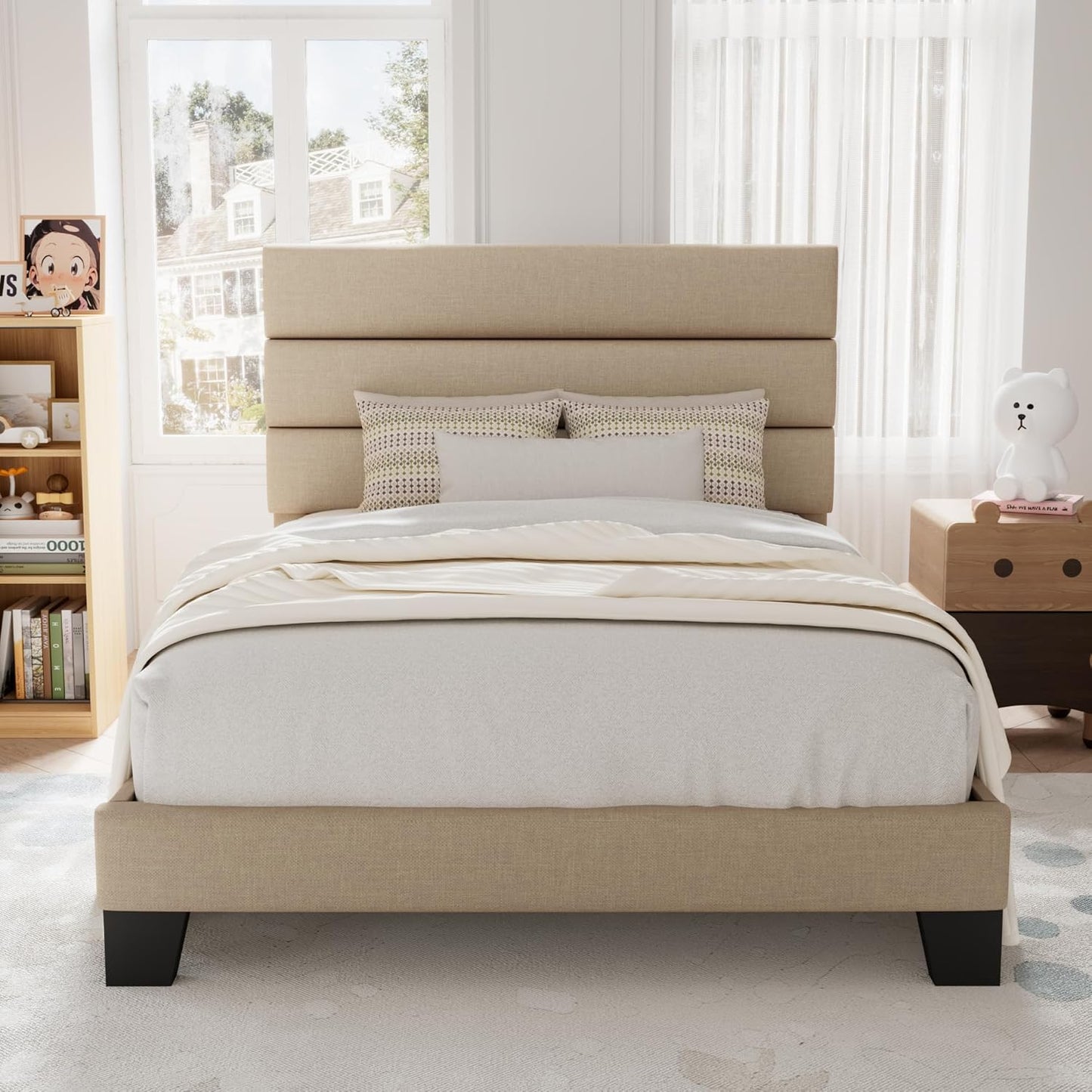 Allewie King Size Platform Bed Frame with Fabric Upholstered Headboard and Wooden Slats Support, Fully Upholstered Mattress Foundation/No Box Spring Needed/Easy Assembly, Beige