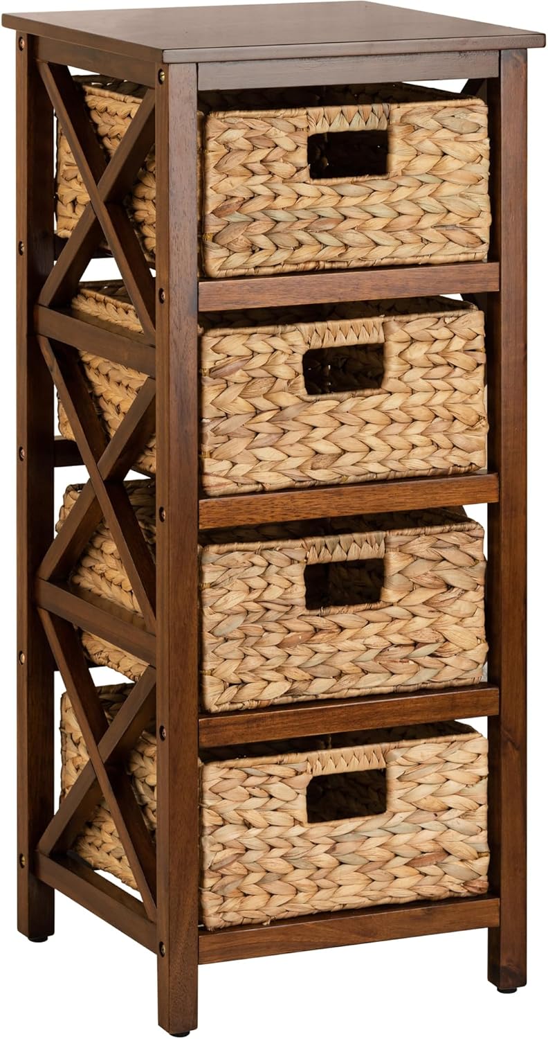 eHemco 3 Tier X-Side End Storage Cabinet with 6 Wicker Baskets, Walnut