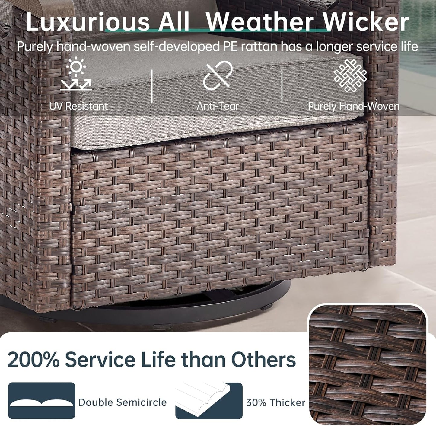 Luxury Outdoor Swivel Rocker Patio Chairs Set of 2 - Heavy Duty Metal Handrail All Weather Wicker Glider Chairs Set with Comfort Thick Cushion for Porch, Poolside and Deck | Beige