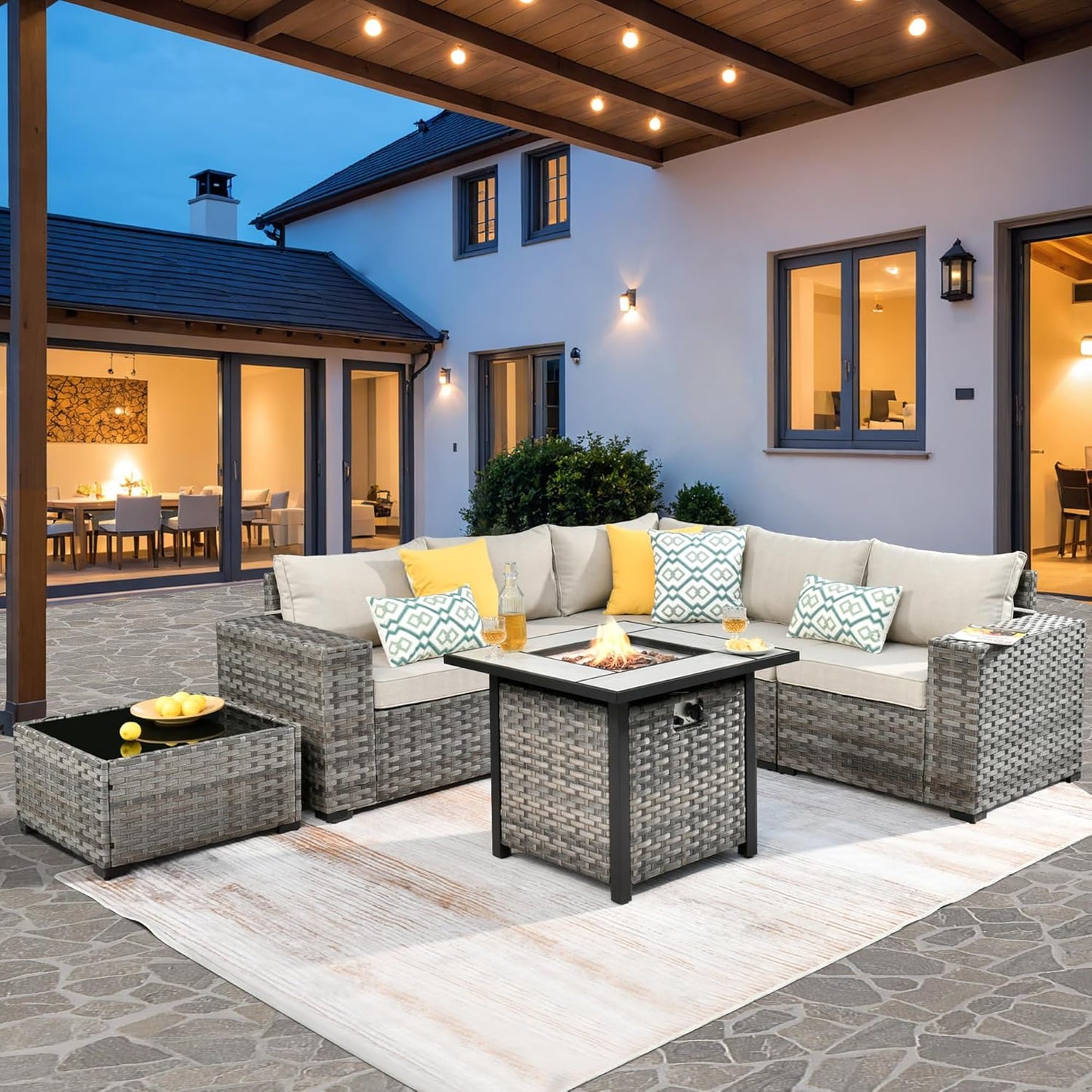 ovios 6 Pieces Patio Furniture Set, Outdoor Wicker Sectional Sofa with Glass Table Comfy Cushions, Modern Modular Deep Seat Couch Rattan Conversation Set, Denim Blue