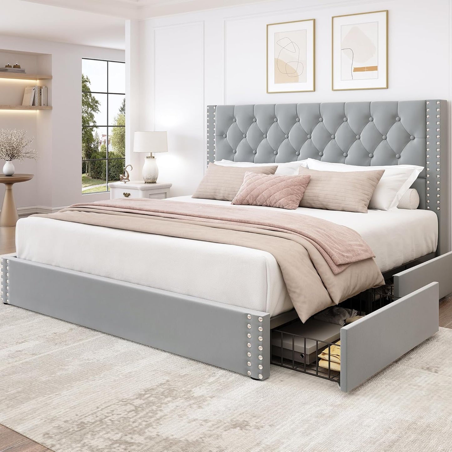 LARMACE King Size Bed Frame with 4 Storage Drawers and Tufted Headboard Linen Upholstered Platform Bed Frame with Heavy Duty Wood Slats, No Box Spring Needed, Easy Assembly, Beige