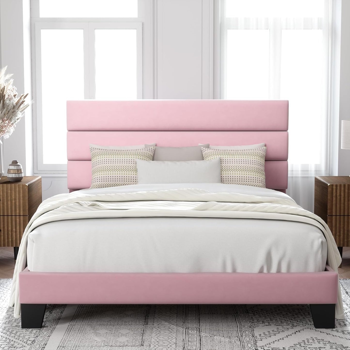 Allewie King Size Platform Bed Frame with Fabric Upholstered Headboard and Wooden Slats Support, Fully Upholstered Mattress Foundation/No Box Spring Needed/Easy Assembly, Beige