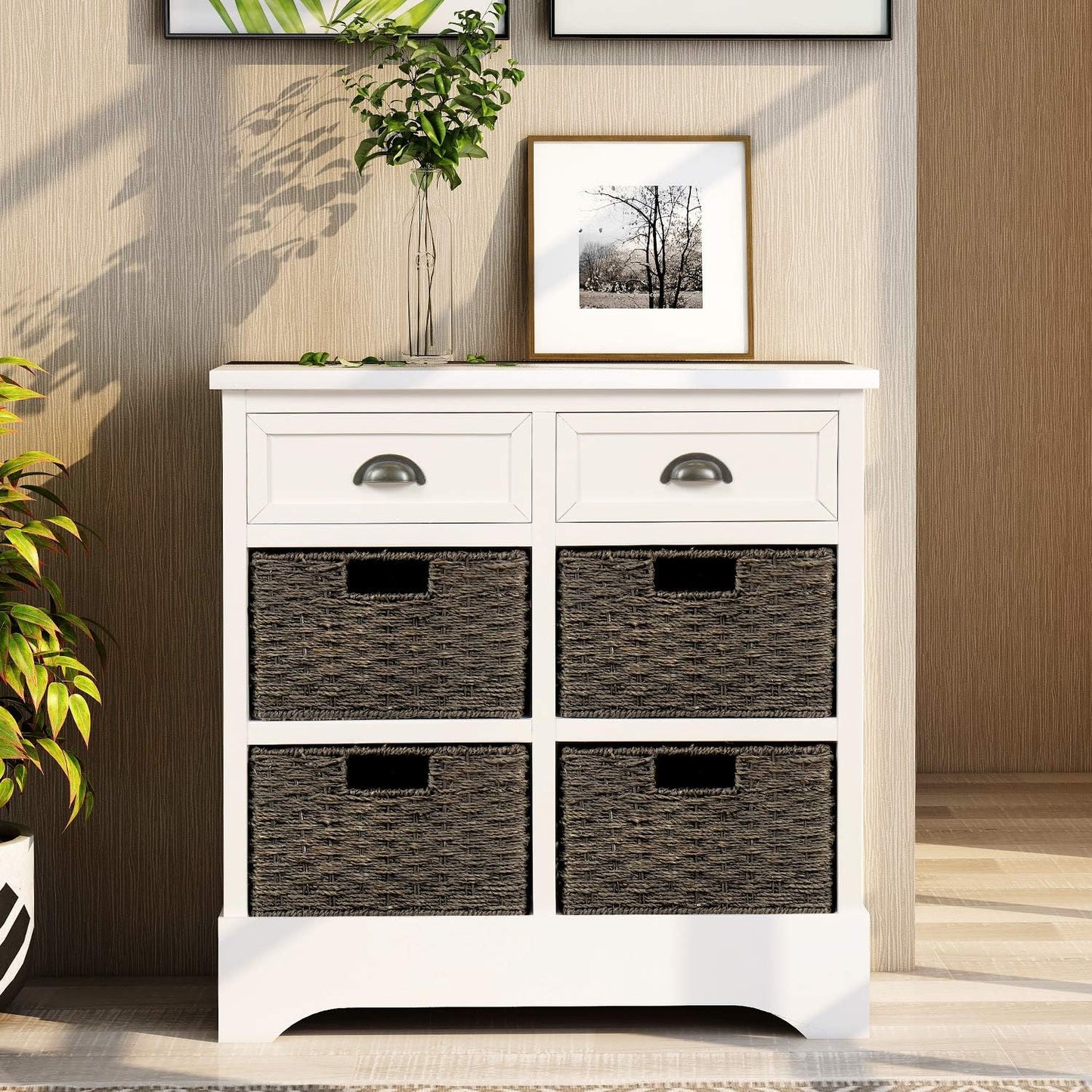 Harper & Bright Designs Rustic Storage Cabinet, Accent Storage Cabinet with 2 Drawers and 4 Classic Fabric Basket for Kitchen/Entryway/Living Room, Antique Navy