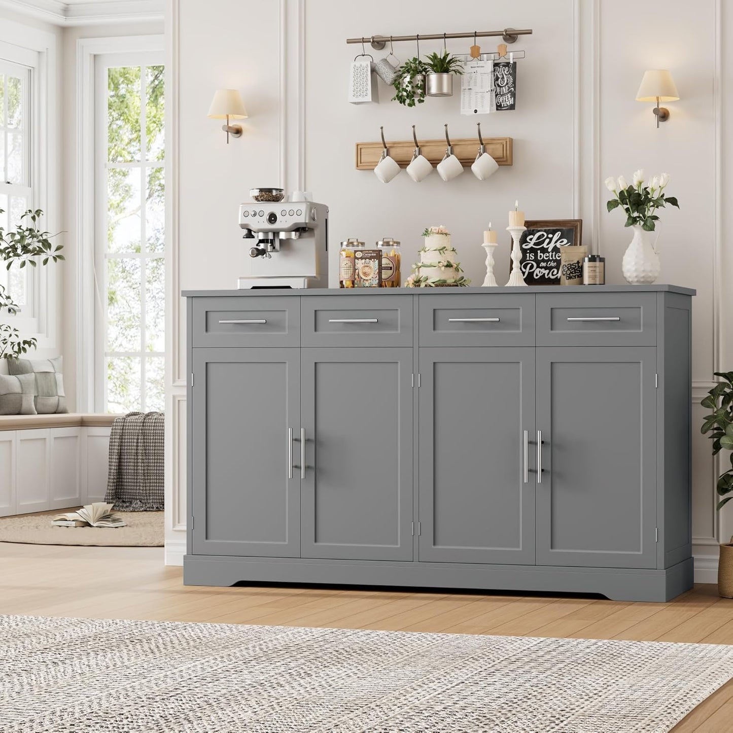 HOSTACK 60" Large Buffet Sideboard with Storage, 36" Tall Kitchen Buffet Storage Cabinet with 4 Drawers, Modern Coffee Bar Cabinet with Gold Handles, Long Sideboard Buffet Table for Kichen, White