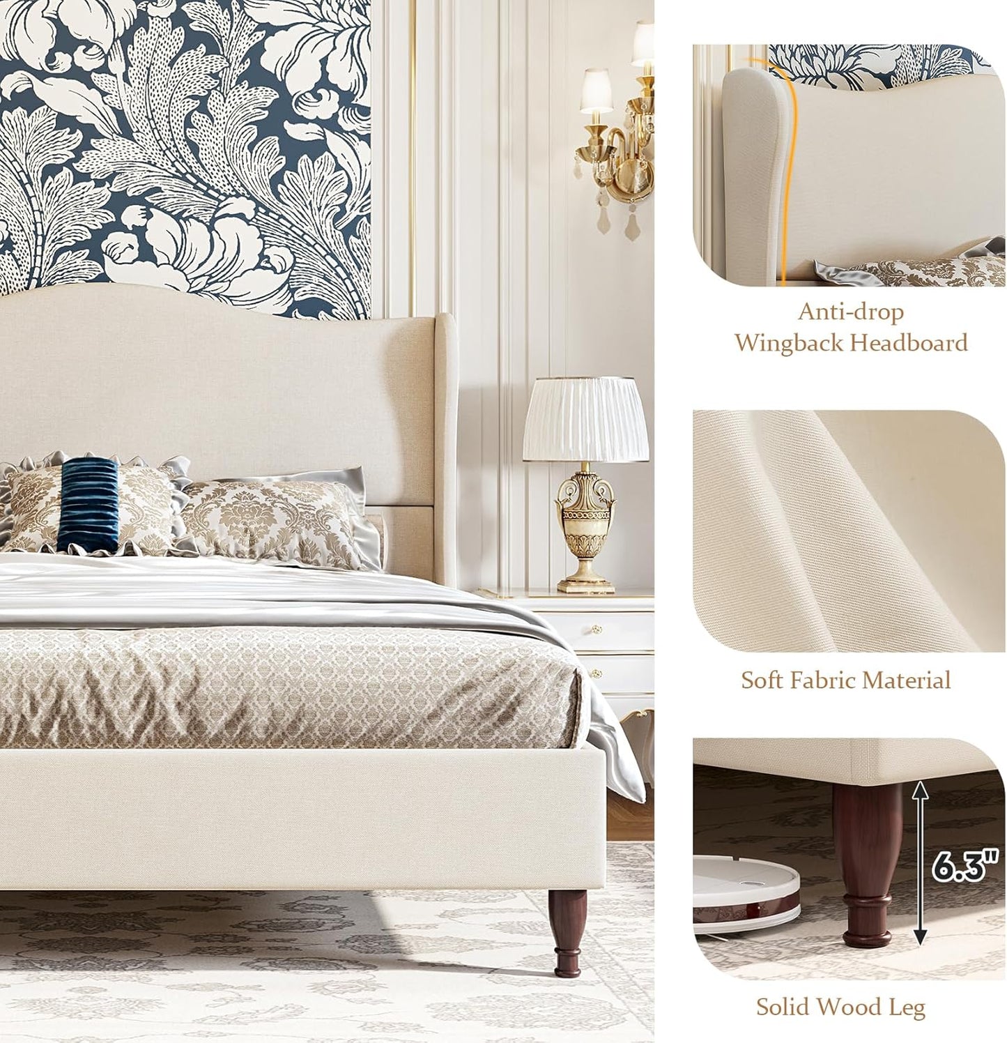 koorlian Queen Size Bed Frame Upholstered Platform Bed with 51" Tall Headboard Wingback, Soft Fabric, Retro Simple Style Platform Bed No Box Spring Needed, Easy Assembly, Beige