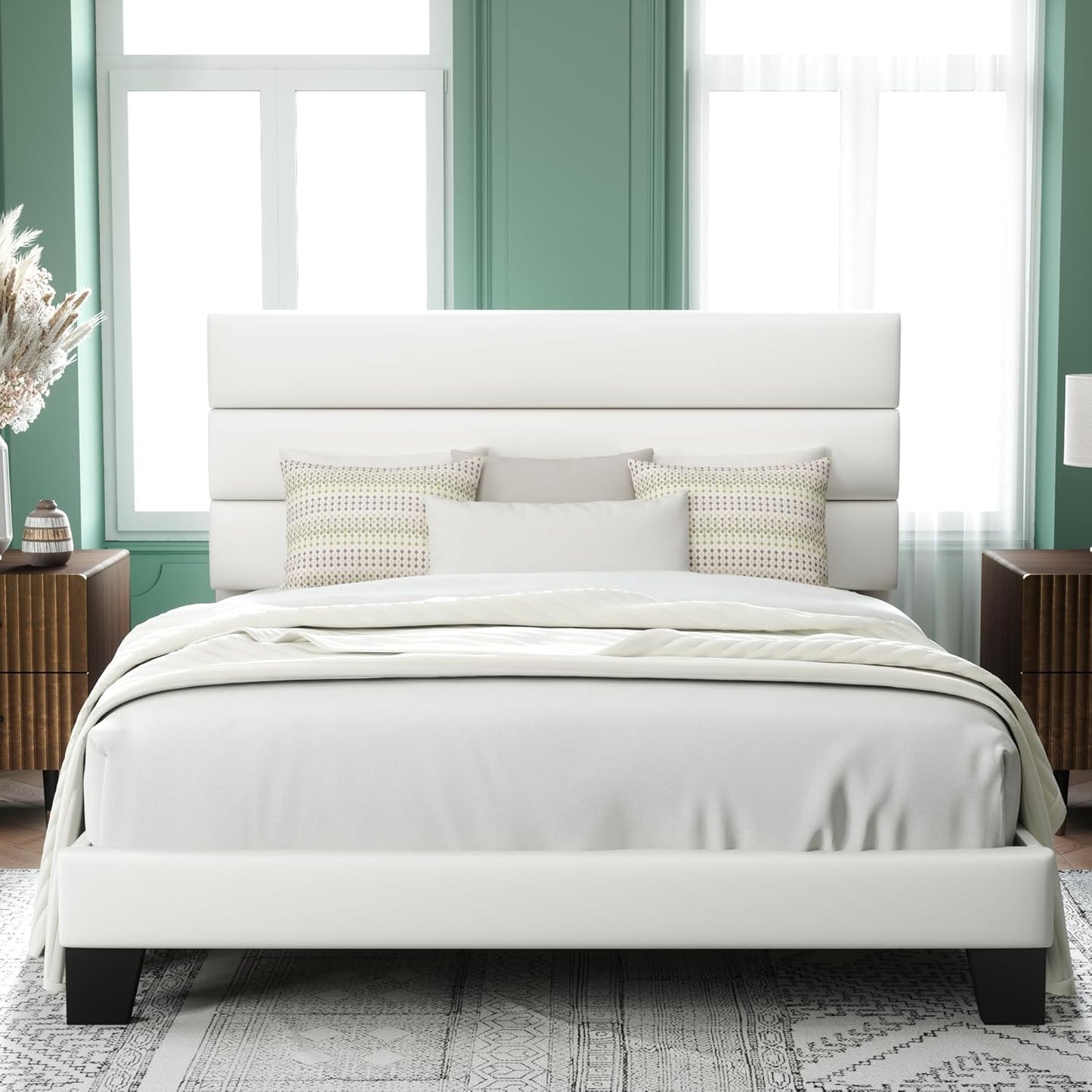 Allewie King Size Platform Bed Frame with Fabric Upholstered Headboard and Wooden Slats Support, Fully Upholstered Mattress Foundation/No Box Spring Needed/Easy Assembly, Beige