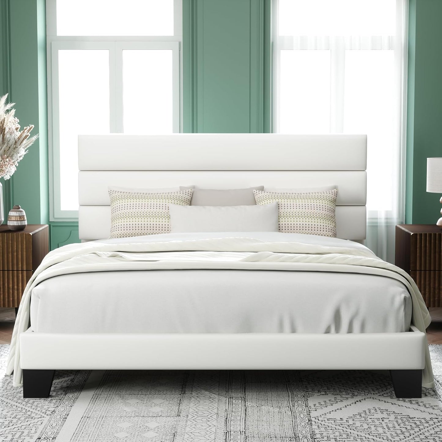 Allewie King Size Platform Bed Frame with Fabric Upholstered Headboard and Wooden Slats Support, Fully Upholstered Mattress Foundation/No Box Spring Needed/Easy Assembly, Beige