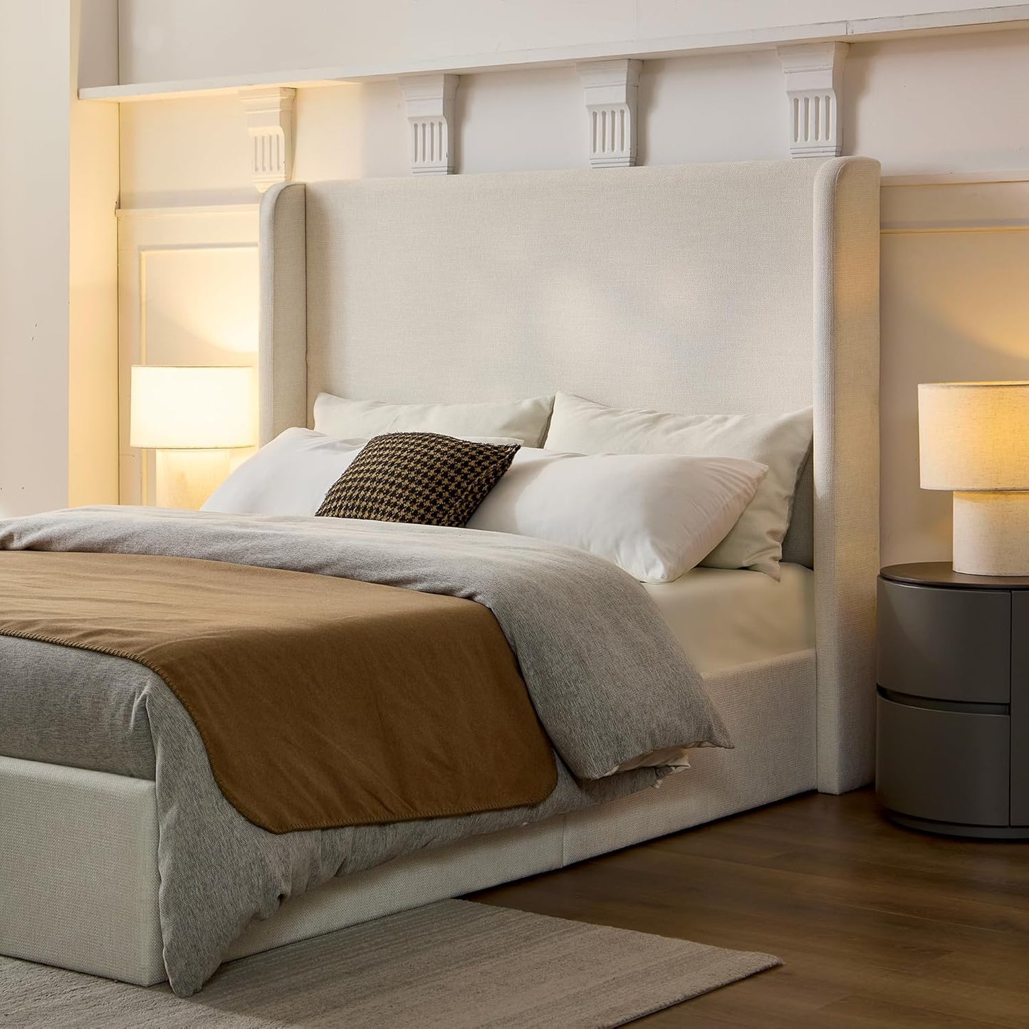 Queen Size Upholstered Platform Bed Frame, 54" High Headboard Carmen Wingback Bed, Fully Upholstered Mattress Foundation, No Box Spring Needed No Noise, Minimalist, Textured Ivory