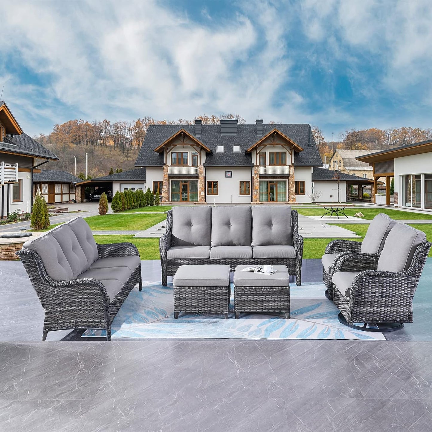 Rilyson Wicker Rocking Chair Swivel Chairs - 4 Piece Rocker Patio Chairs Set Rattan Rocking Chair for Outdoor Porch Deck Garden Backyard(Mixed Grey/Blue)