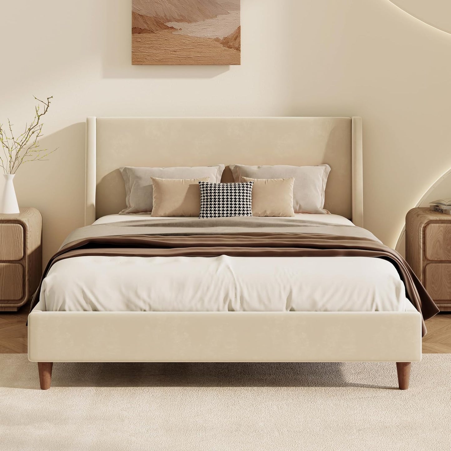 Queen Size Upholstered Platform Bed Frame, 54" High Headboard Carmen Wingback Bed, Fully Upholstered Mattress Foundation, No Box Spring Needed No Noise, Minimalist, Textured Ivory