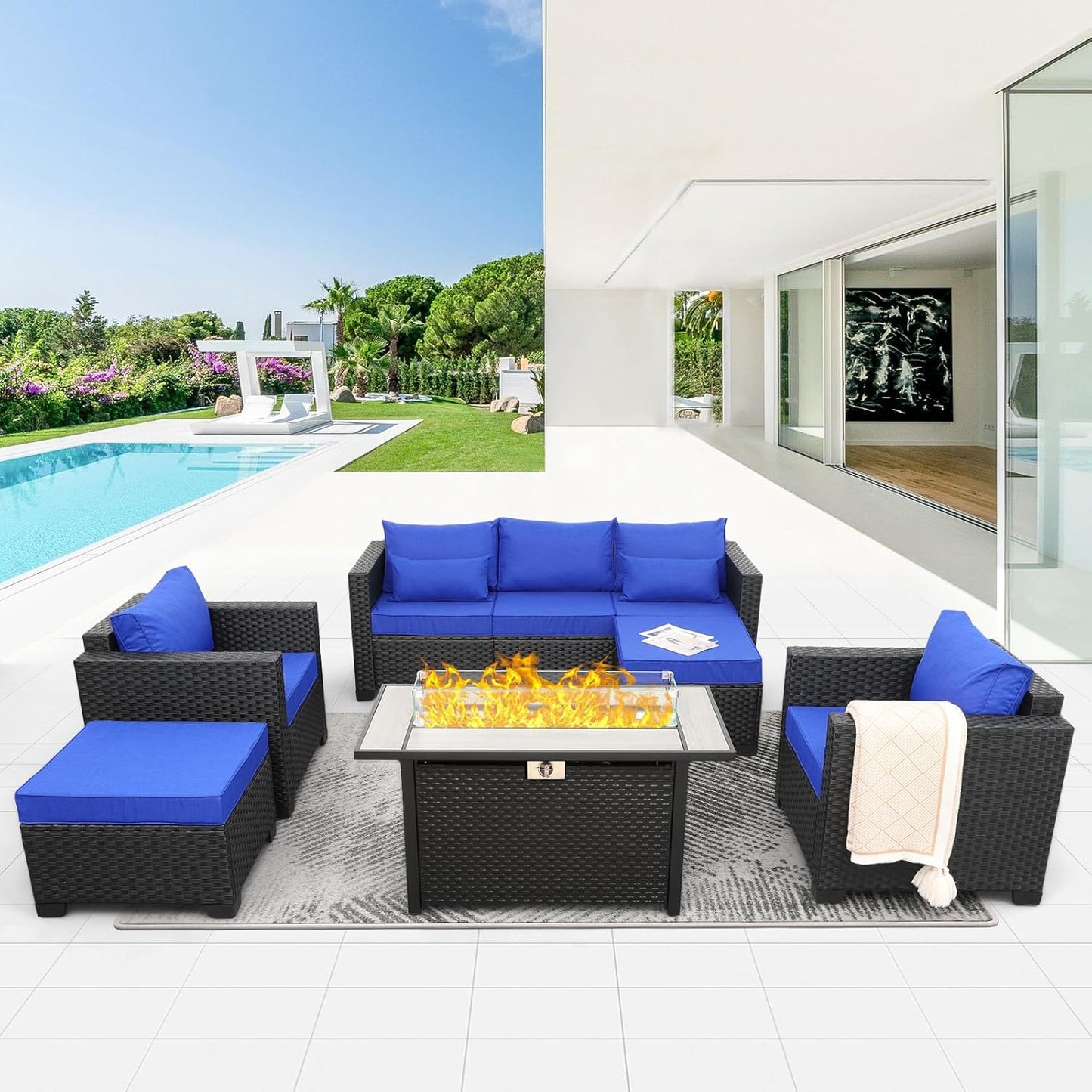 Rattaner Patio Wicker Furniture Set 6 Pieces Outdoor HDPE Wicker Conversation Couch Sectional Chair Sofa Set with Grey Cushions