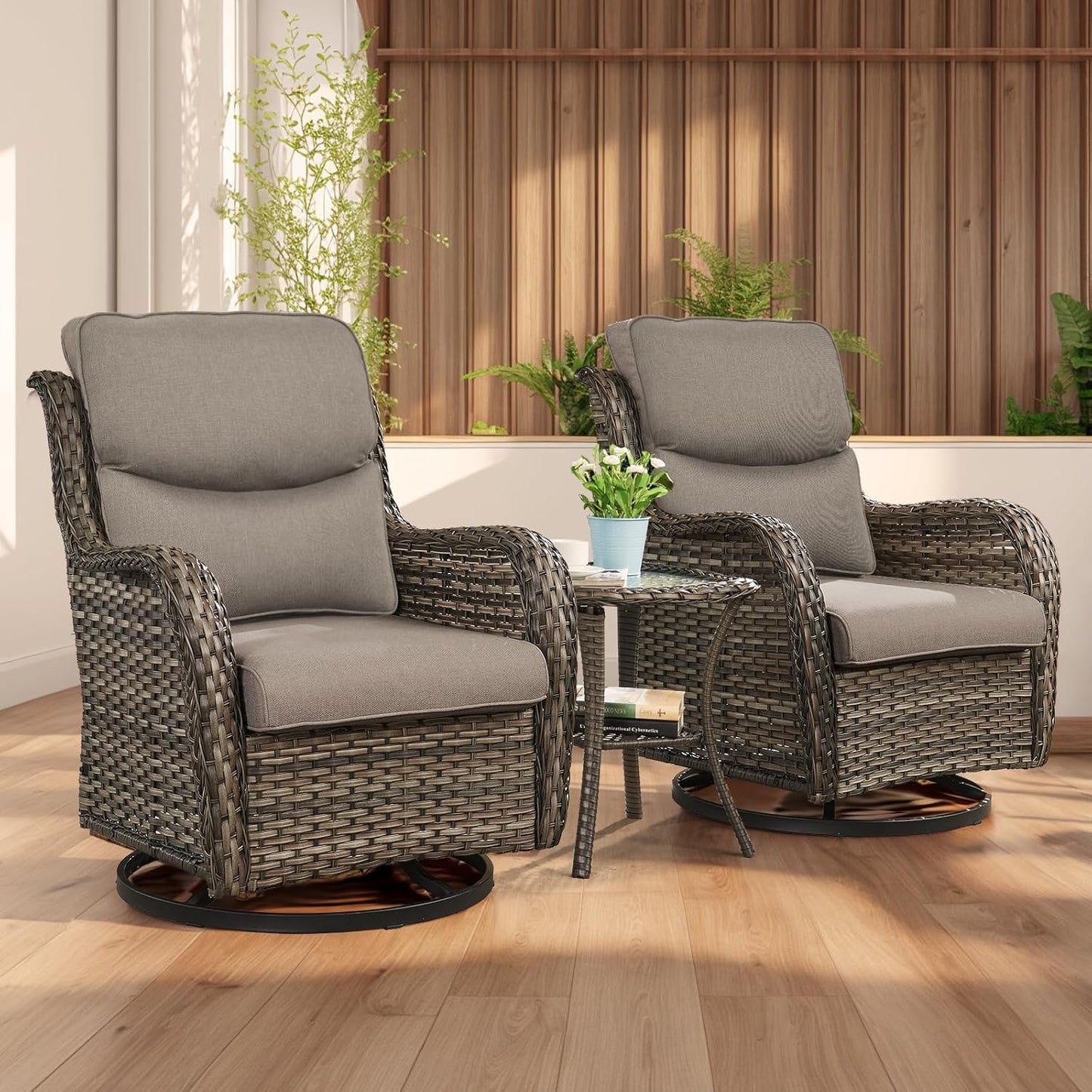 Rilyson Wicker Rocking Chair Swivel Chairs - 4 Piece Rocker Patio Chairs Set Rattan Rocking Chair for Outdoor Porch Deck Garden Backyard(Mixed Grey/Blue)