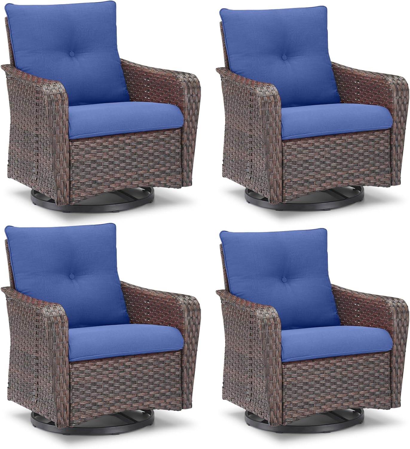 Rilyson Outdoor Patio Swivel Rocker Chairs - 3 PC Wicker Patio Bistro Sets with High Back,Comfy Cushions, Deep Seating and Side Table for Porch Deck Backyard Garden(Brown/Blue)