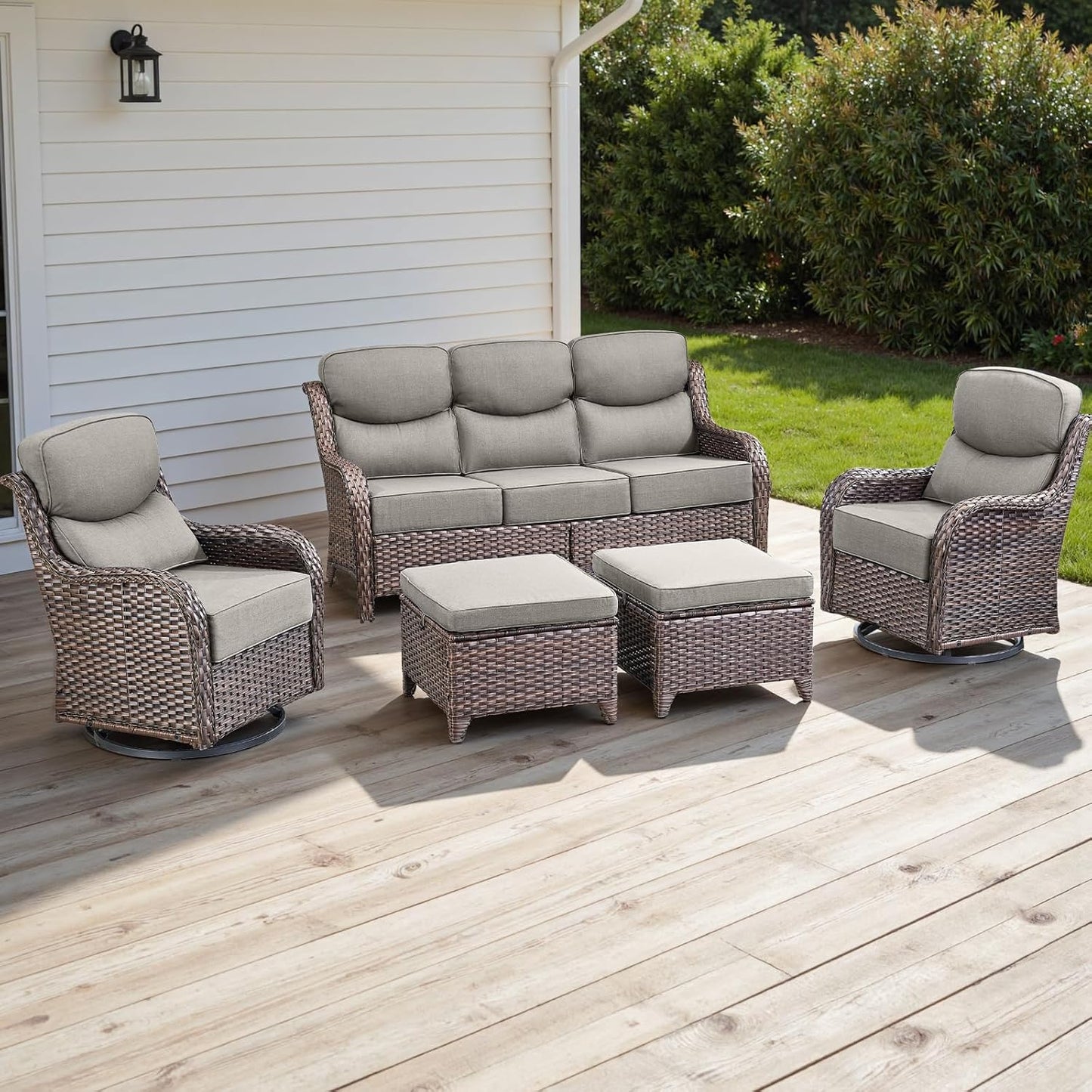 Rilyson Outdoor Patio Swivel Rocker Chairs Set of 2, Waterproof Wicker, High Back, Deep Seating, Wide Armrest, Upgraded 6 inch Thick Cushions, Ideal for Deck Porch Backyard, Mixed Grey-Grey