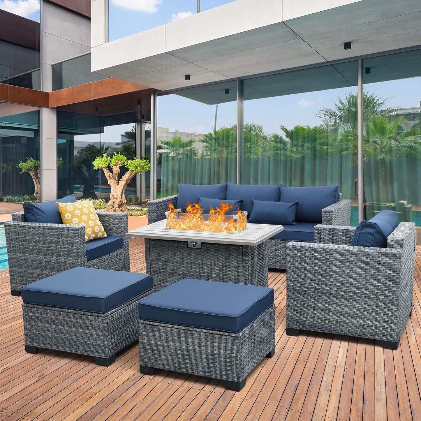 6 Pieces Wicker Patio Furniture Sets Outdoor Conversation Set PE Rattan Sectional Sofa Couch with Storage Table and Grey Cushions