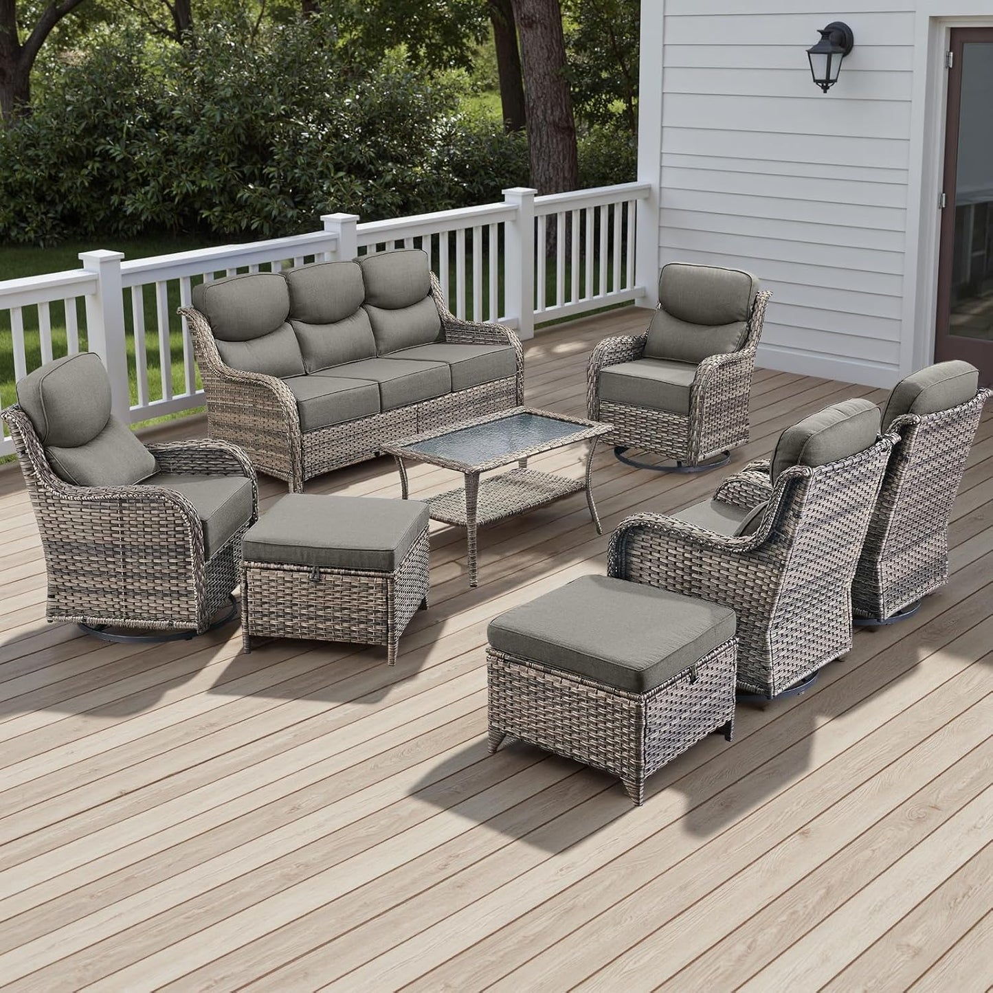 Rilyson Outdoor Patio Swivel Rocker Chairs Set of 2, Waterproof Wicker, High Back, Deep Seating, Wide Armrest, Upgraded 6 inch Thick Cushions, Ideal for Deck Porch Backyard, Mixed Grey-Grey