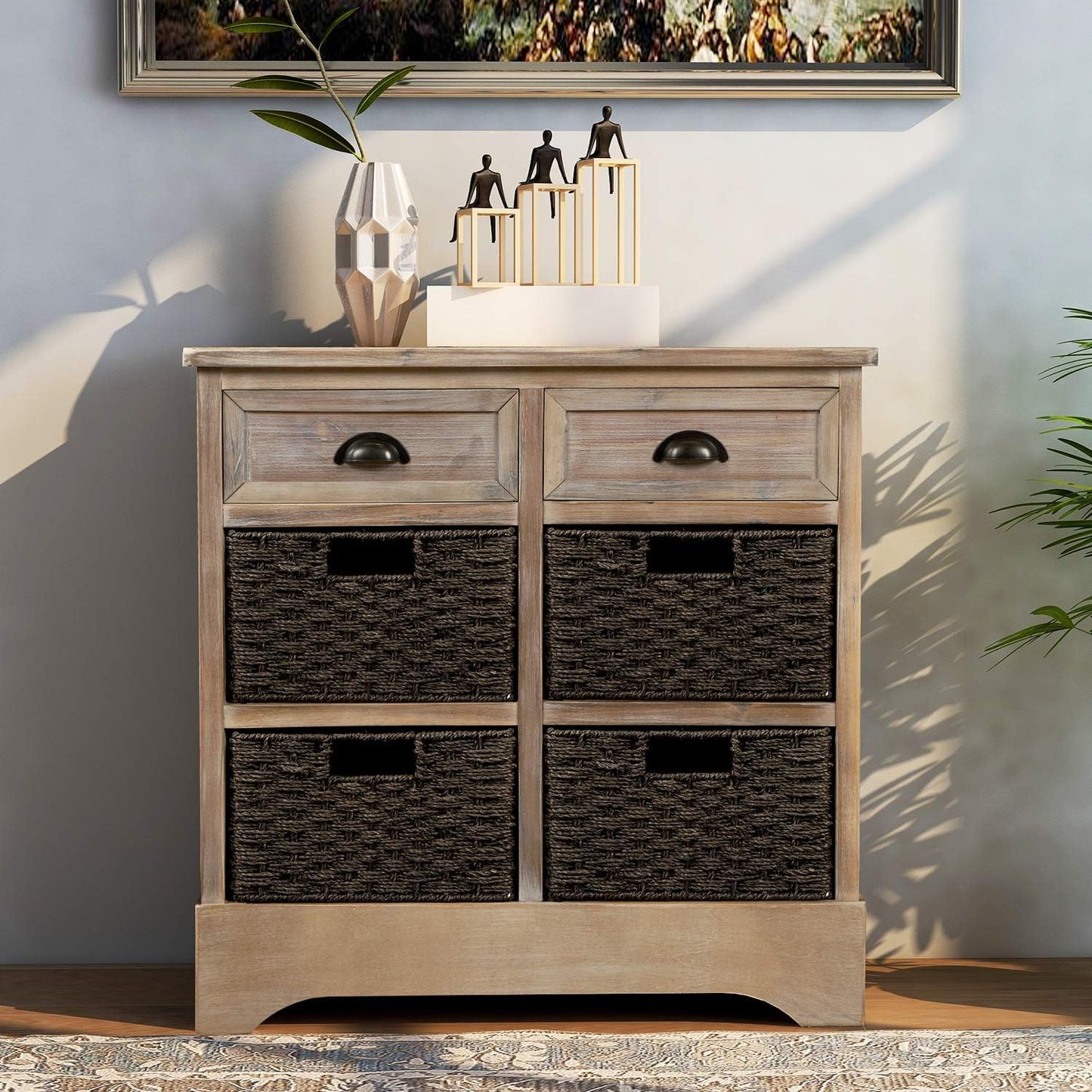 Harper & Bright Designs Rustic Storage Cabinet, Accent Storage Cabinet with 2 Drawers and 4 Classic Fabric Basket for Kitchen/Entryway/Living Room, Antique Navy