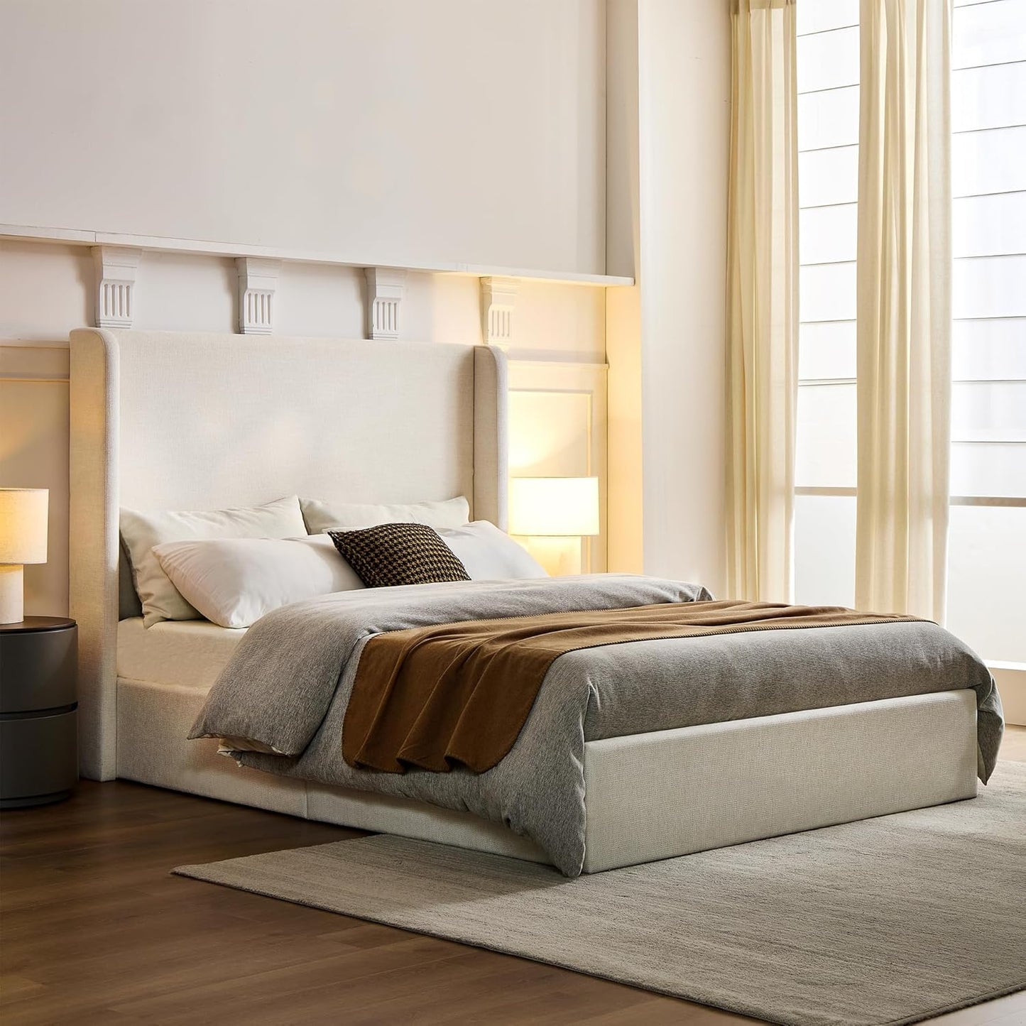 Queen Size Upholstered Platform Bed Frame, 54" High Headboard Carmen Wingback Bed, Fully Upholstered Mattress Foundation, No Box Spring Needed No Noise, Minimalist, Textured Ivory