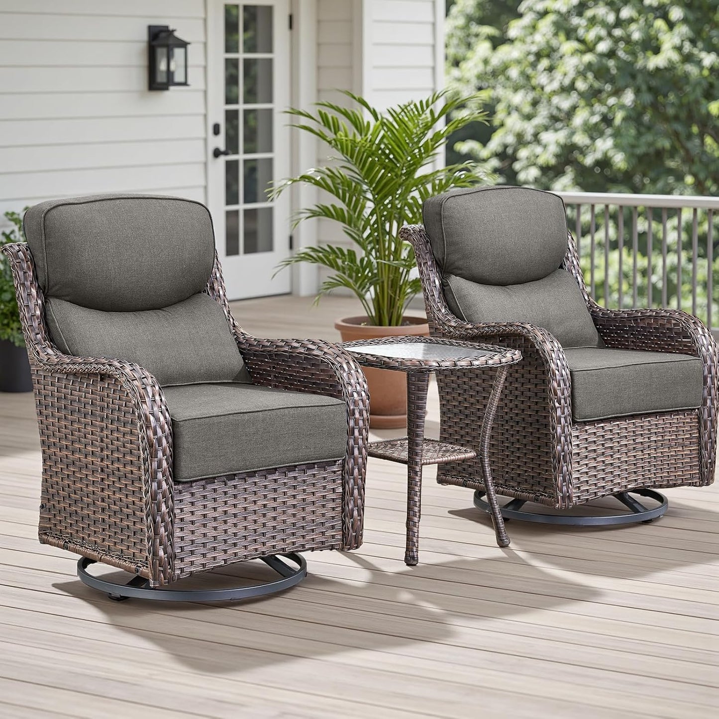 Rilyson Outdoor Patio Swivel Rocker Chairs Set of 2, Waterproof Wicker, High Back, Deep Seating, Wide Armrest, Upgraded 6 inch Thick Cushions, Ideal for Deck Porch Backyard, Mixed Grey-Grey