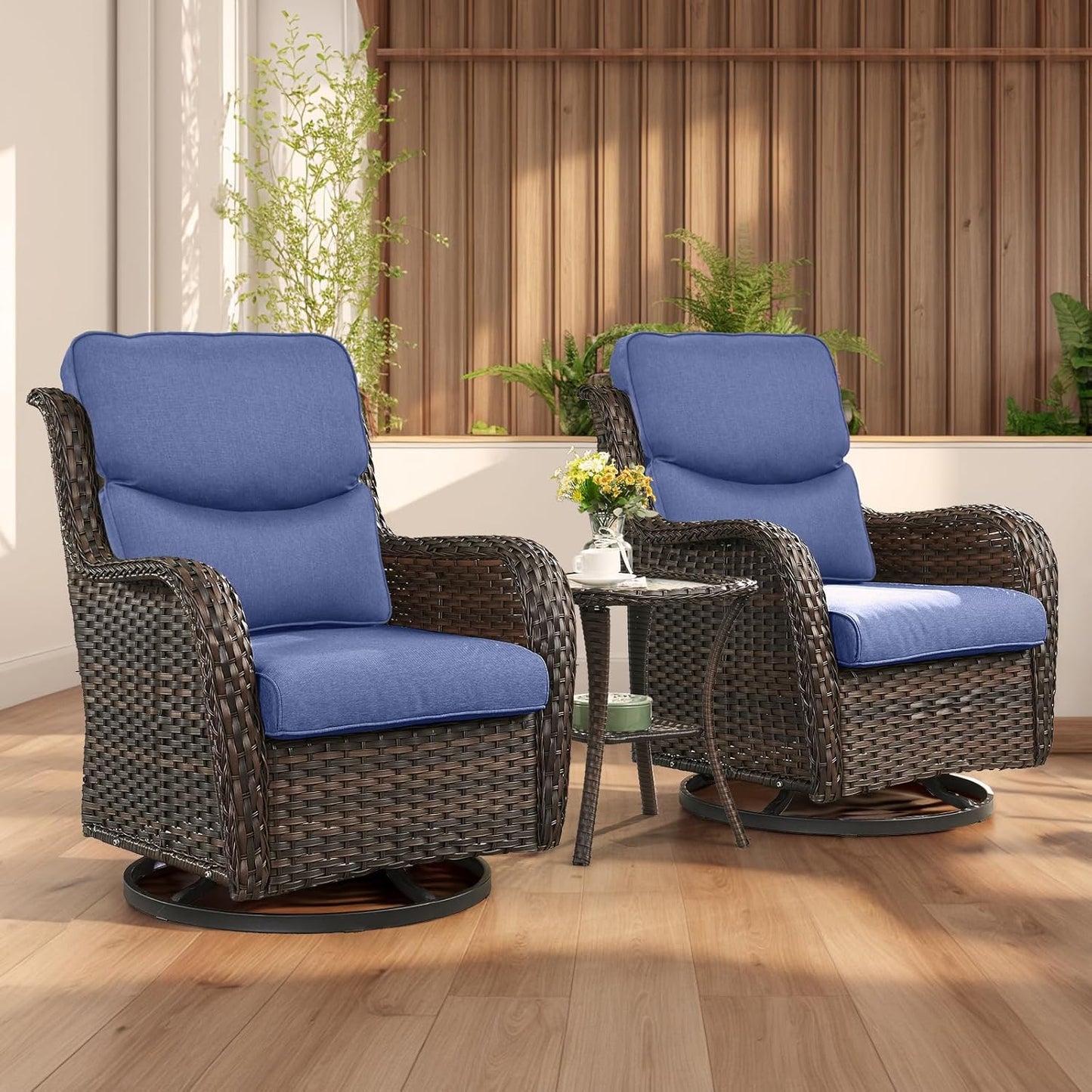 Rilyson Wicker Rocking Chair Swivel Chairs - 4 Piece Rocker Patio Chairs Set Rattan Rocking Chair for Outdoor Porch Deck Garden Backyard(Mixed Grey/Blue)