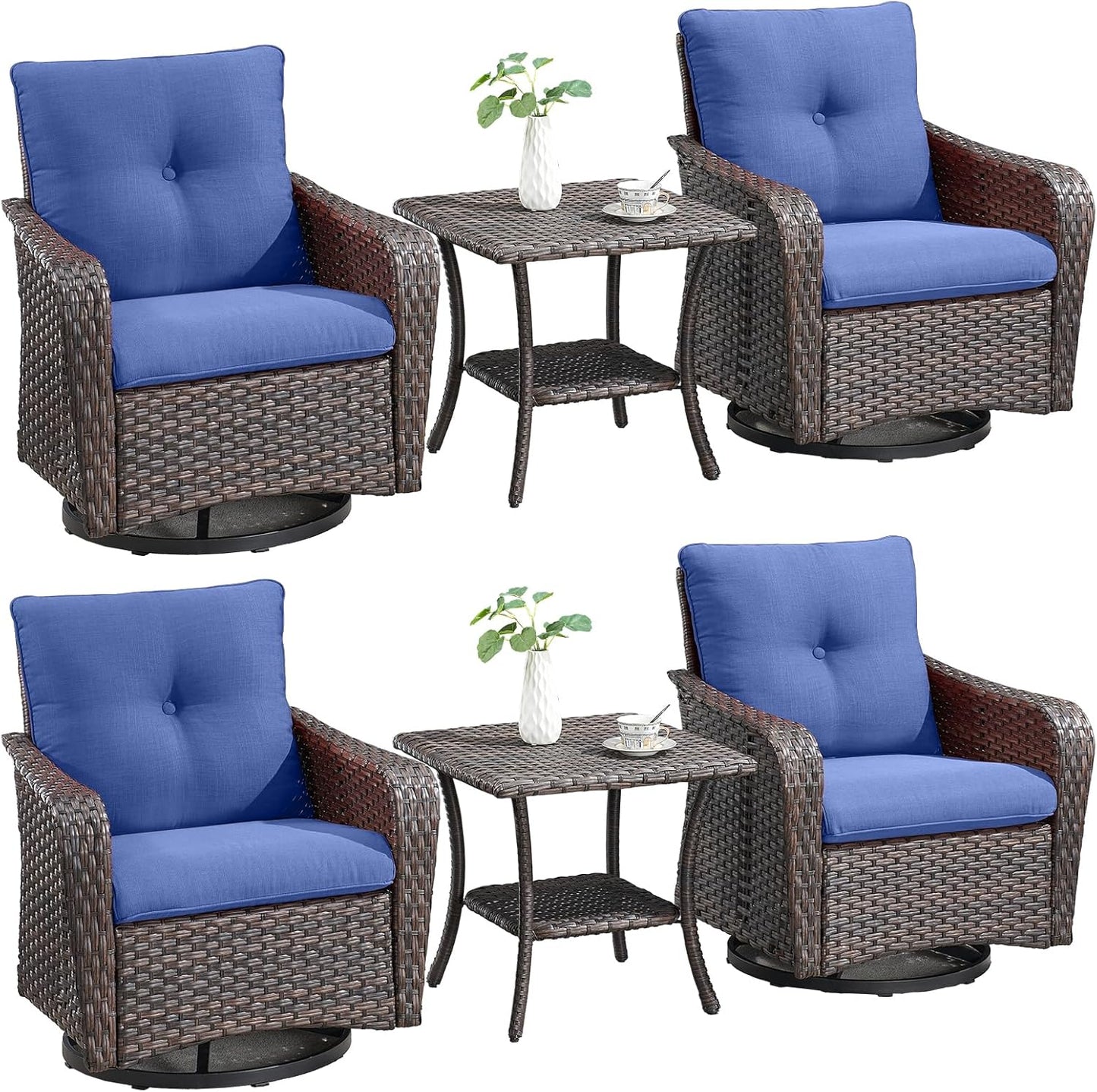 Rilyson Outdoor Patio Swivel Rocker Chairs - 3 PC Wicker Patio Bistro Sets with High Back,Comfy Cushions, Deep Seating and Side Table for Porch Deck Backyard Garden(Brown/Blue)