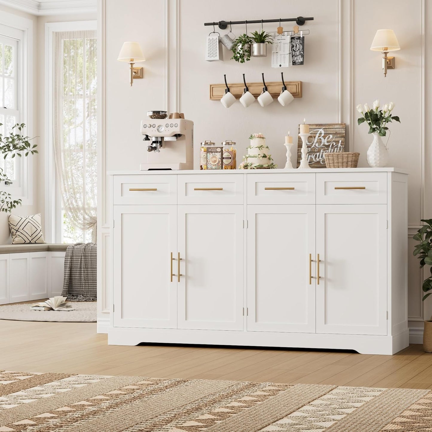 HOSTACK 60" Large Buffet Sideboard with Storage, 36" Tall Kitchen Buffet Storage Cabinet with 4 Drawers, Modern Coffee Bar Cabinet with Gold Handles, Long Sideboard Buffet Table for Kichen, White
