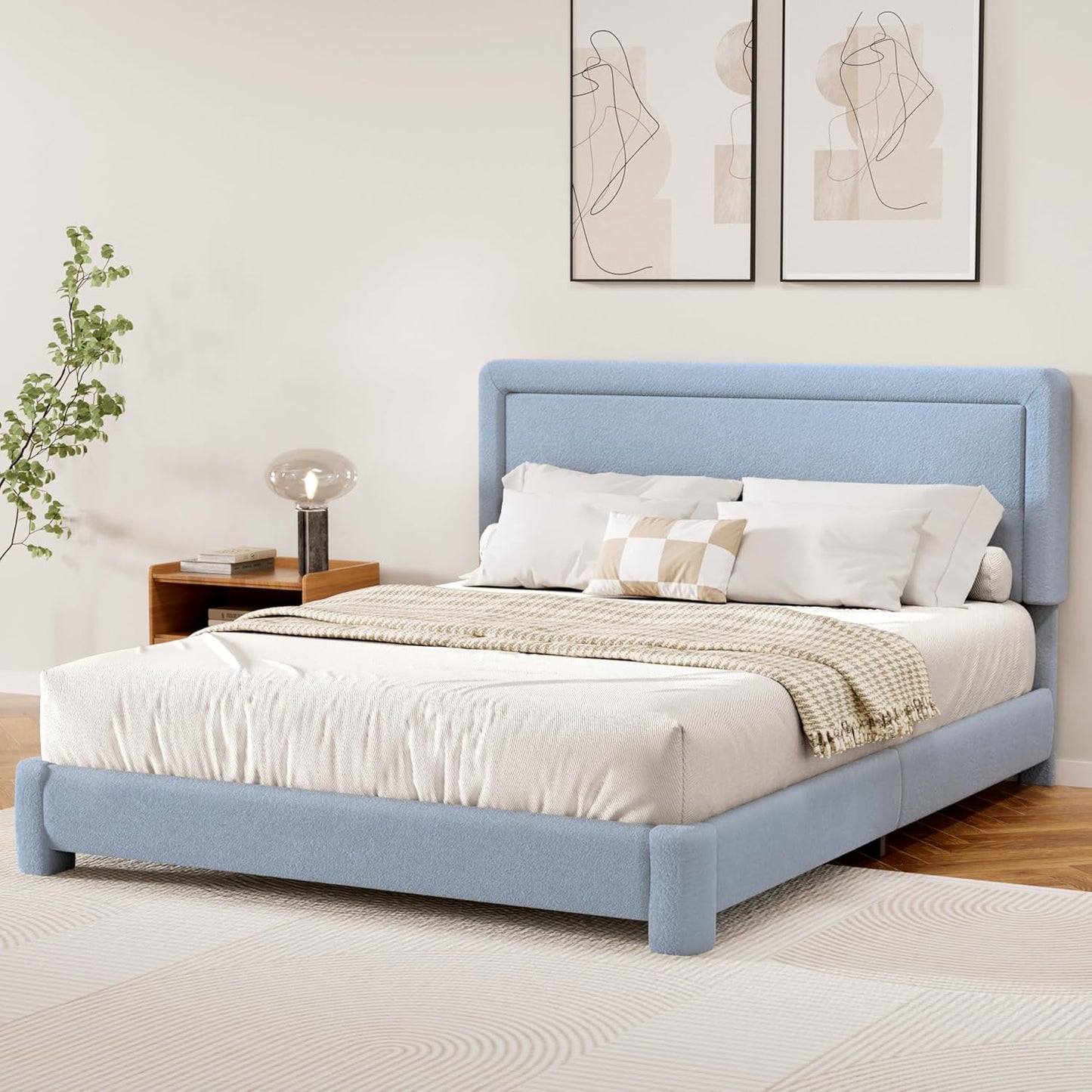 Queen Size Boucle Bed Frame, Modern Cream Bed Frame with Headboard, Soft Rounded Corners, No Box Spring Required, Adjustable Headboard, Easy Assembly