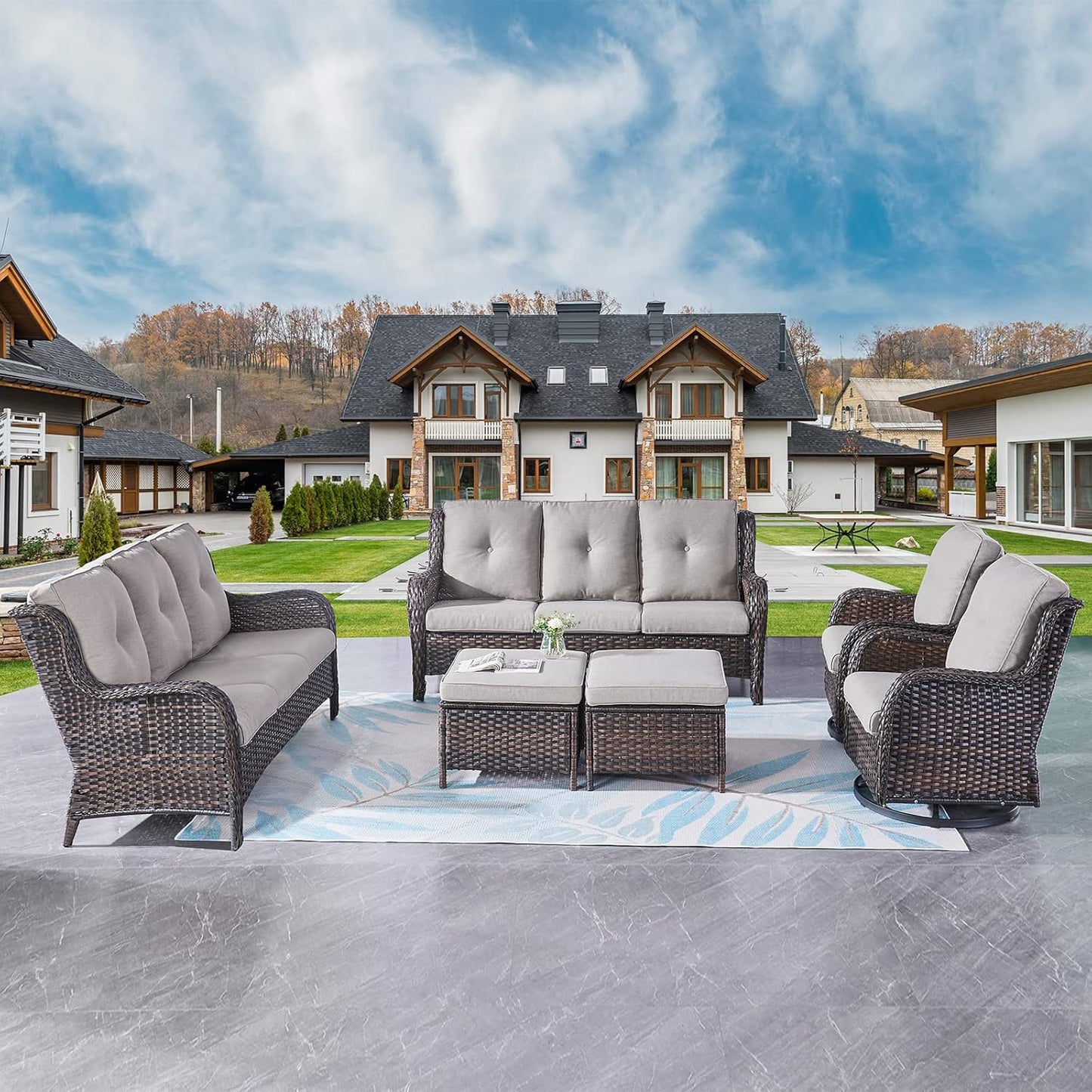 Rilyson Wicker Rocking Chair Swivel Chairs - 4 Piece Rocker Patio Chairs Set Rattan Rocking Chair for Outdoor Porch Deck Garden Backyard(Mixed Grey/Blue)
