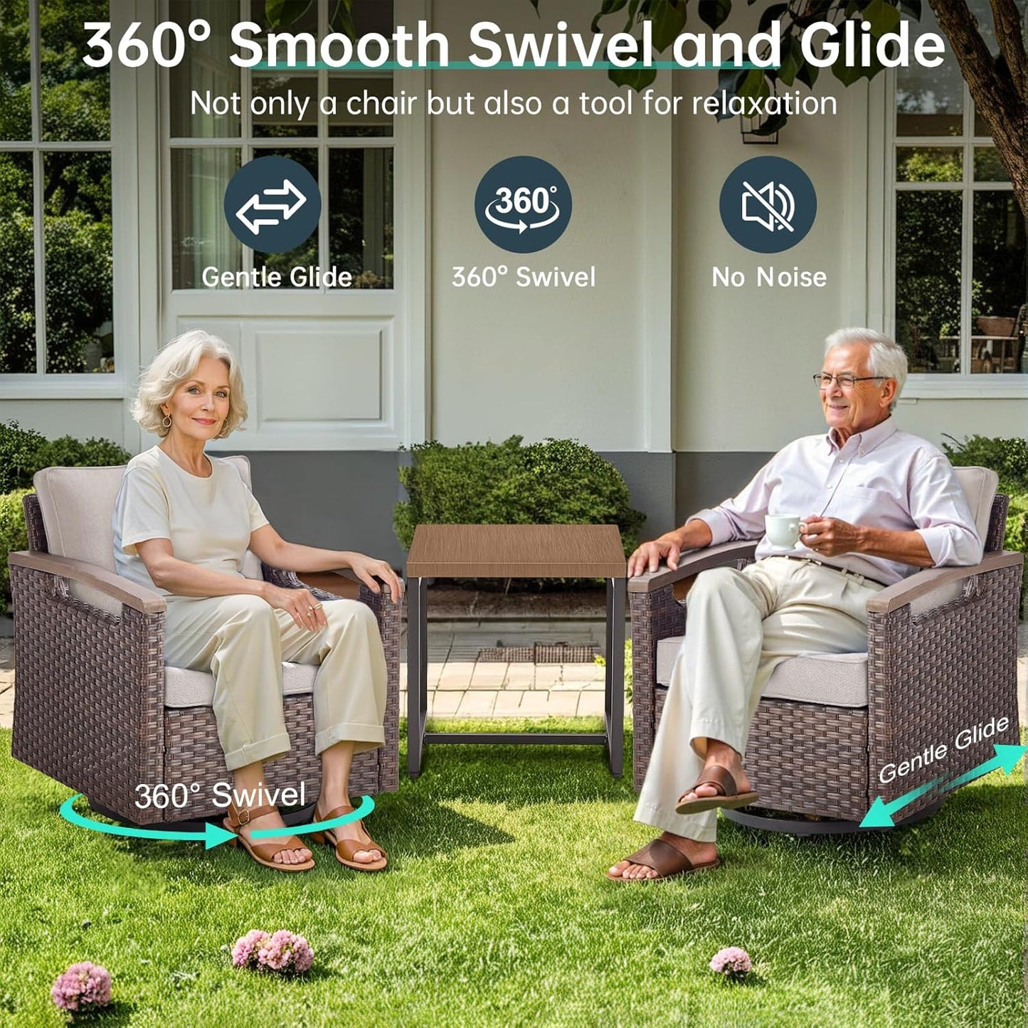 Luxury Outdoor Swivel Rocker Patio Chairs Set of 2 - Heavy Duty Metal Handrail All Weather Wicker Glider Chairs Set with Comfort Thick Cushion for Porch, Poolside and Deck | Beige