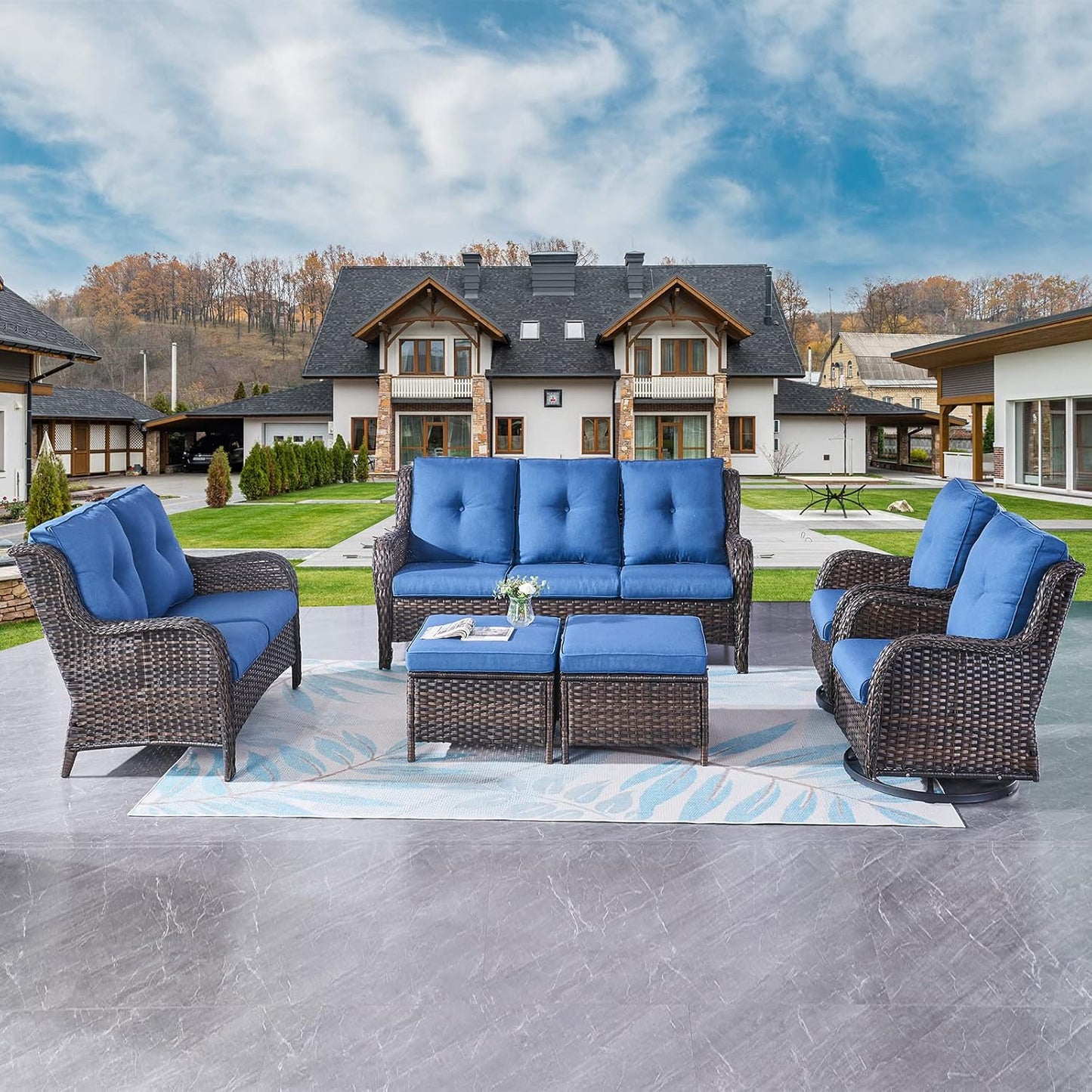 Rilyson Wicker Rocking Chair Swivel Chairs - 4 Piece Rocker Patio Chairs Set Rattan Rocking Chair for Outdoor Porch Deck Garden Backyard(Mixed Grey/Blue)