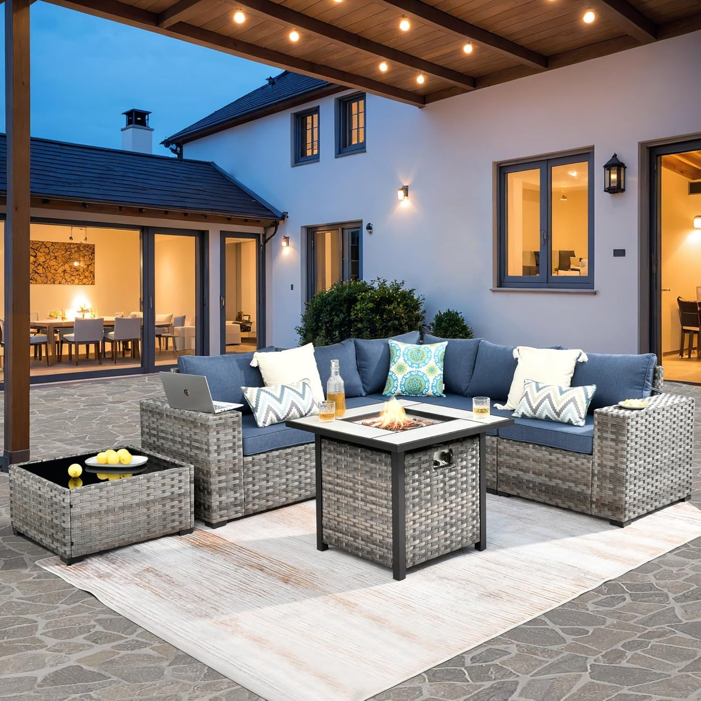 ovios 6 Pieces Patio Furniture Set, Outdoor Wicker Sectional Sofa with Glass Table Comfy Cushions, Modern Modular Deep Seat Couch Rattan Conversation Set, Denim Blue