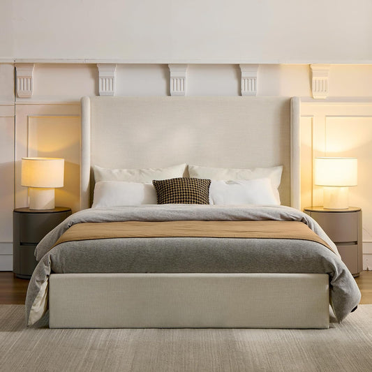 Queen Size Upholstered Platform Bed Frame, 54" High Headboard Carmen Wingback Bed, Fully Upholstered Mattress Foundation, No Box Spring Needed No Noise, Minimalist, Textured Ivory