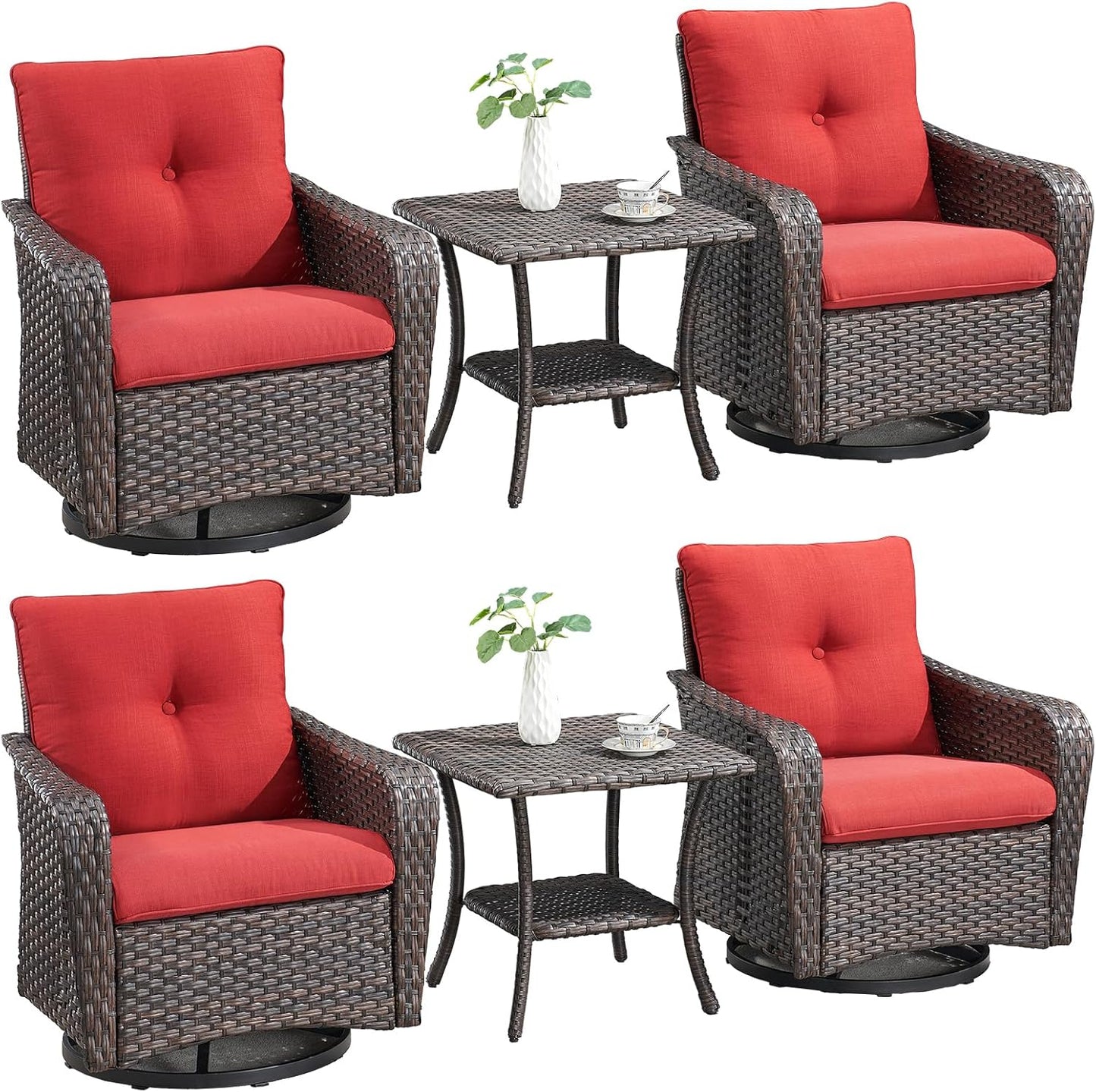 Rilyson Outdoor Patio Swivel Rocker Chairs - 3 PC Wicker Patio Bistro Sets with High Back,Comfy Cushions, Deep Seating and Side Table for Porch Deck Backyard Garden(Brown/Blue)