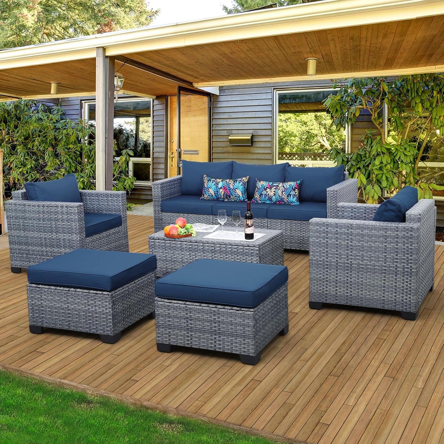 6 Pieces Wicker Patio Furniture Sets Outdoor Conversation Set PE Rattan Sectional Sofa Couch with Storage Table and Grey Cushions