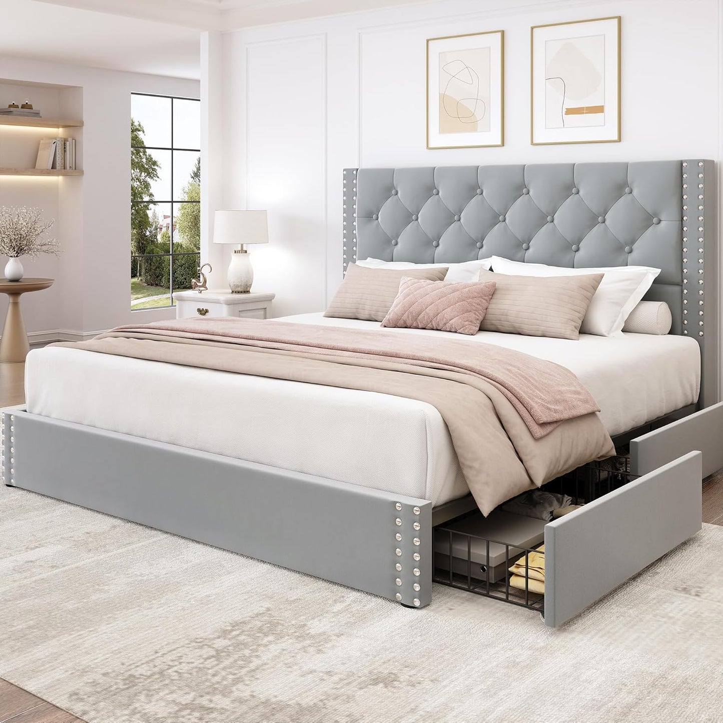 LARMACE King Size Bed Frame with 4 Storage Drawers and Tufted Headboard Linen Upholstered Platform Bed Frame with Heavy Duty Wood Slats, No Box Spring Needed, Easy Assembly, Beige