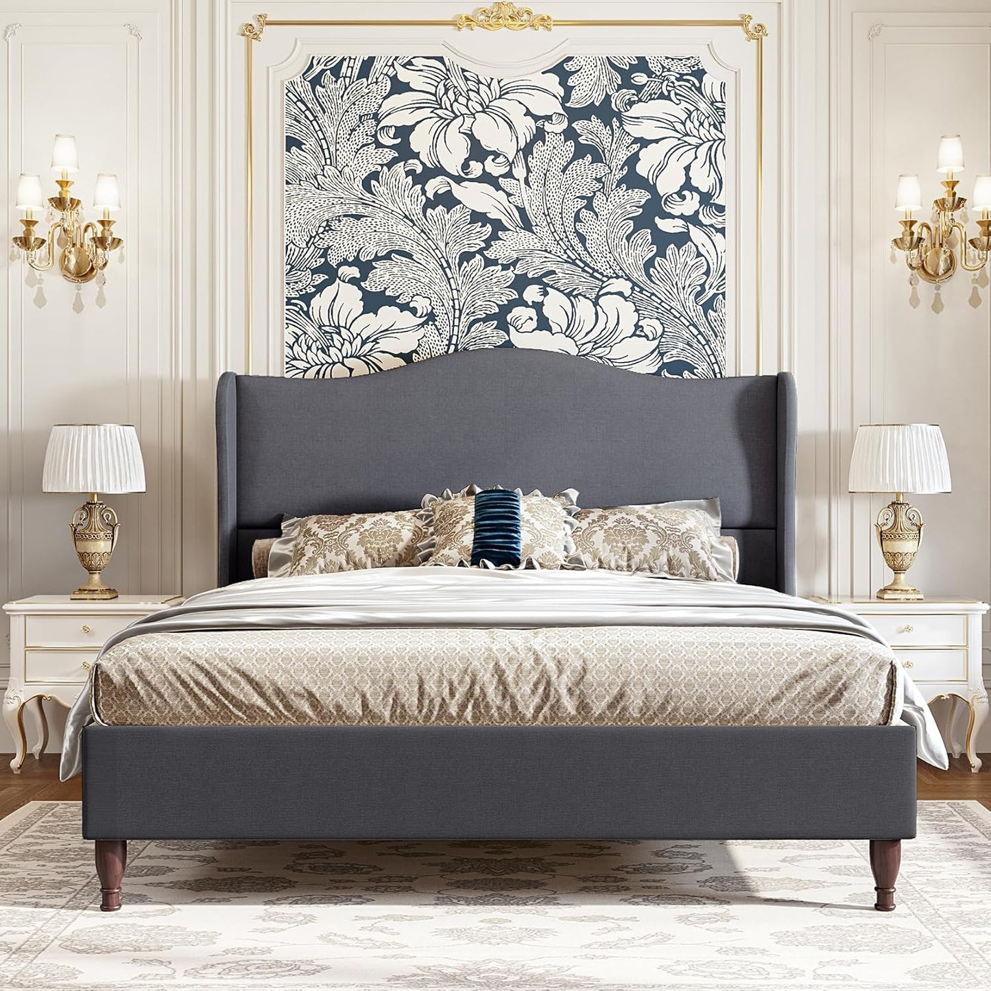 koorlian Queen Size Bed Frame Upholstered Platform Bed with 51" Tall Headboard Wingback, Soft Fabric, Retro Simple Style Platform Bed No Box Spring Needed, Easy Assembly, Beige
