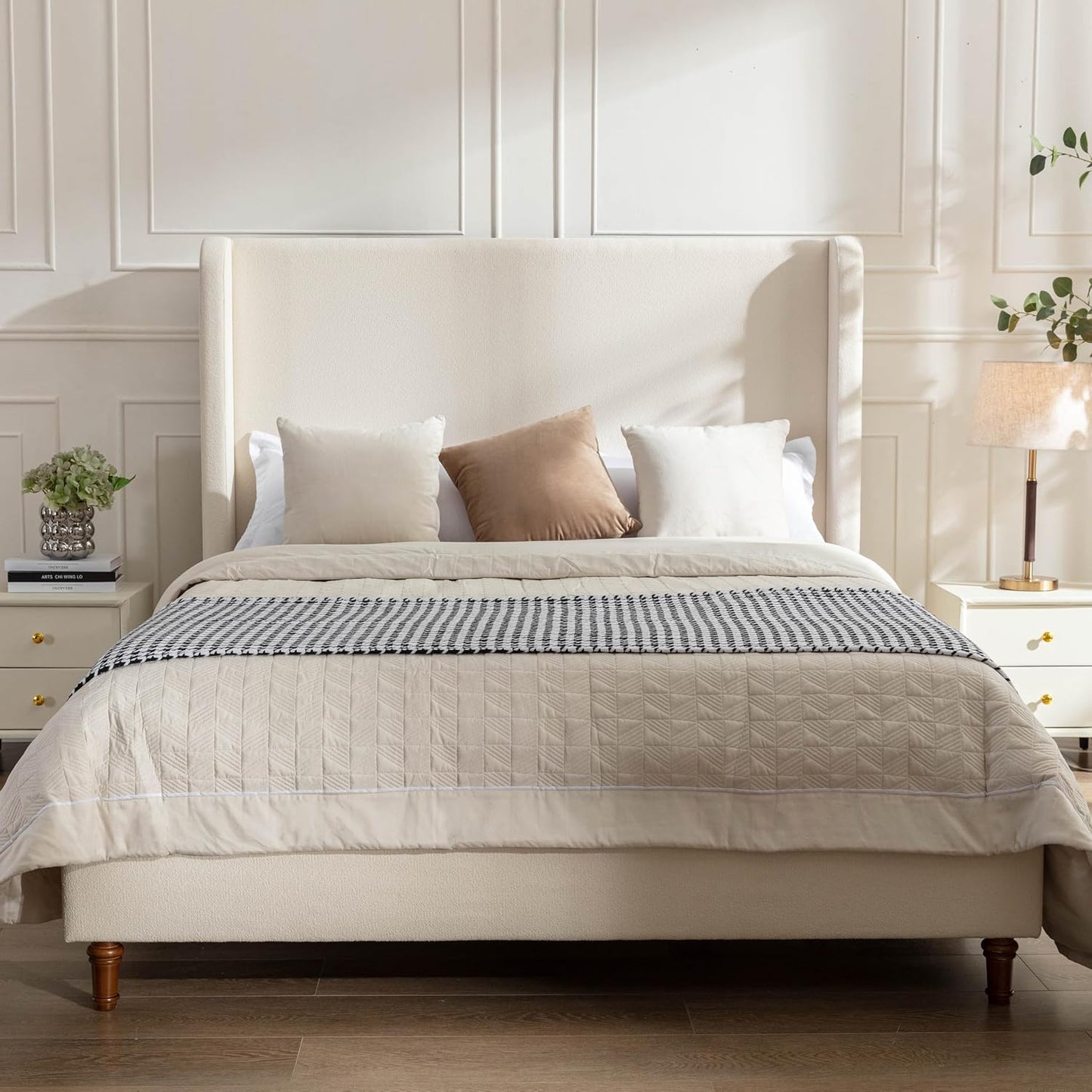Queen Size Upholstered Platform Bed Frame, 54" High Headboard Carmen Wingback Bed, Fully Upholstered Mattress Foundation, No Box Spring Needed No Noise, Minimalist, Textured Ivory