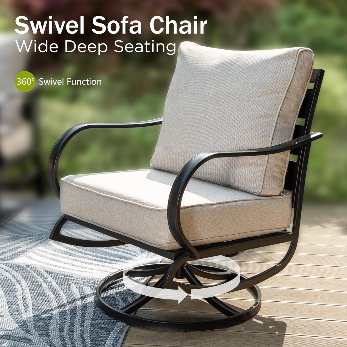 PHI VILLA 6 Piece Patio Furniture Sets with 1 x 3 Seater Padded Deep Seating Bench, 2 x Swivel Cushioned Sofa Chairs, 2 x Leg Sofa Chairs and 1 x Coffee Table, Outdoor Metal Furniture Set for 7