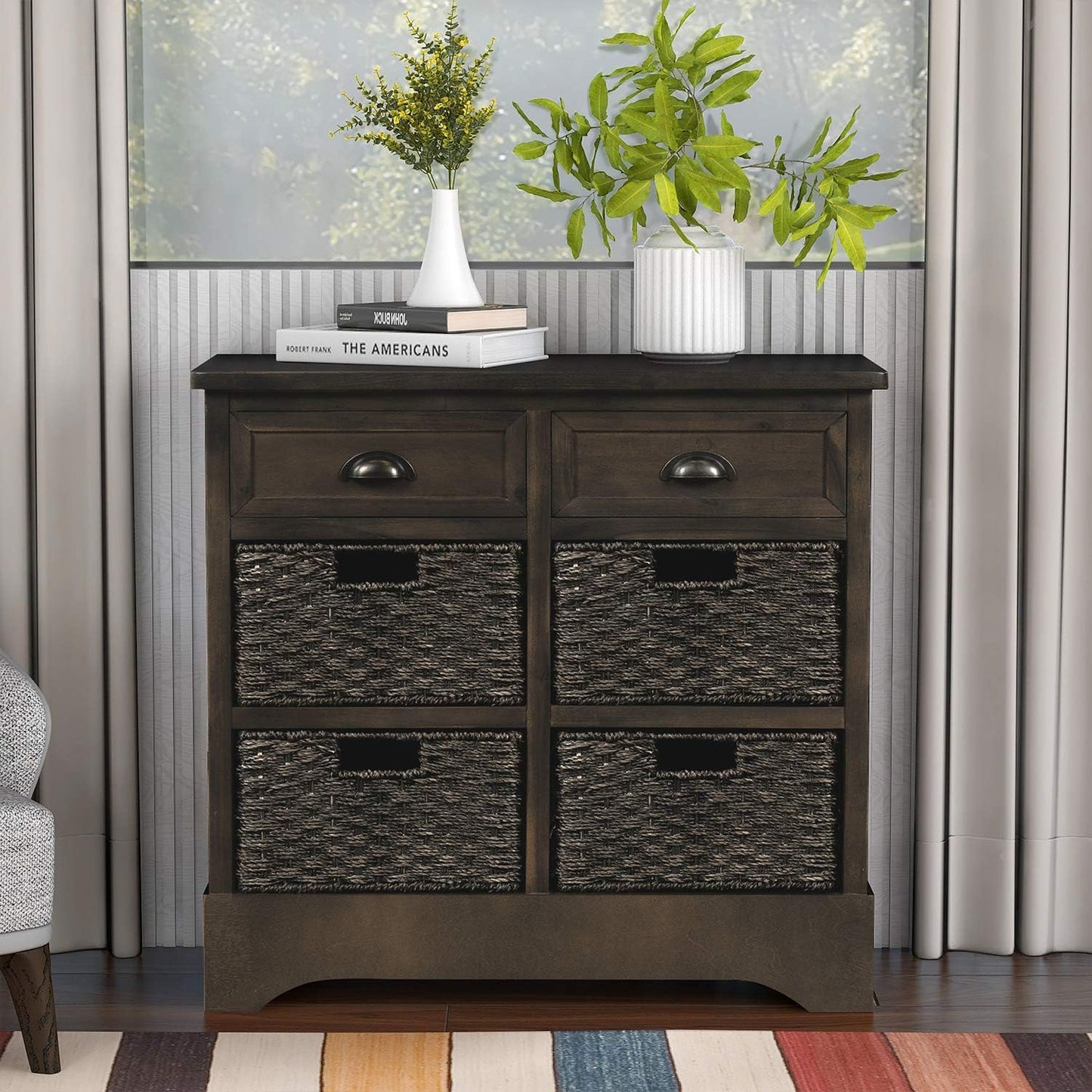 Harper & Bright Designs Rustic Storage Cabinet, Accent Storage Cabinet with 2 Drawers and 4 Classic Fabric Basket for Kitchen/Entryway/Living Room, Antique Navy