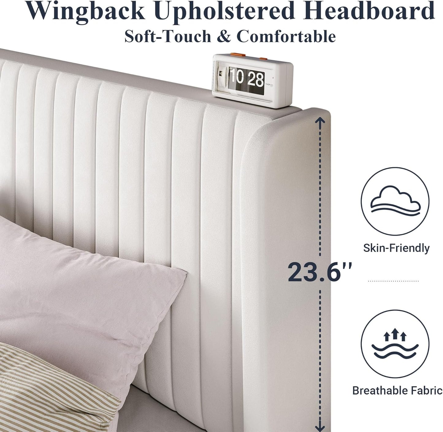 Allewie Queen Size Velvet Bed Frame/Vertical Channel Tufted Wingback Headboard/Upholstered Platform Bed/Strong Wooden Slats/No Box Spring Needed/Easy Assembly/White