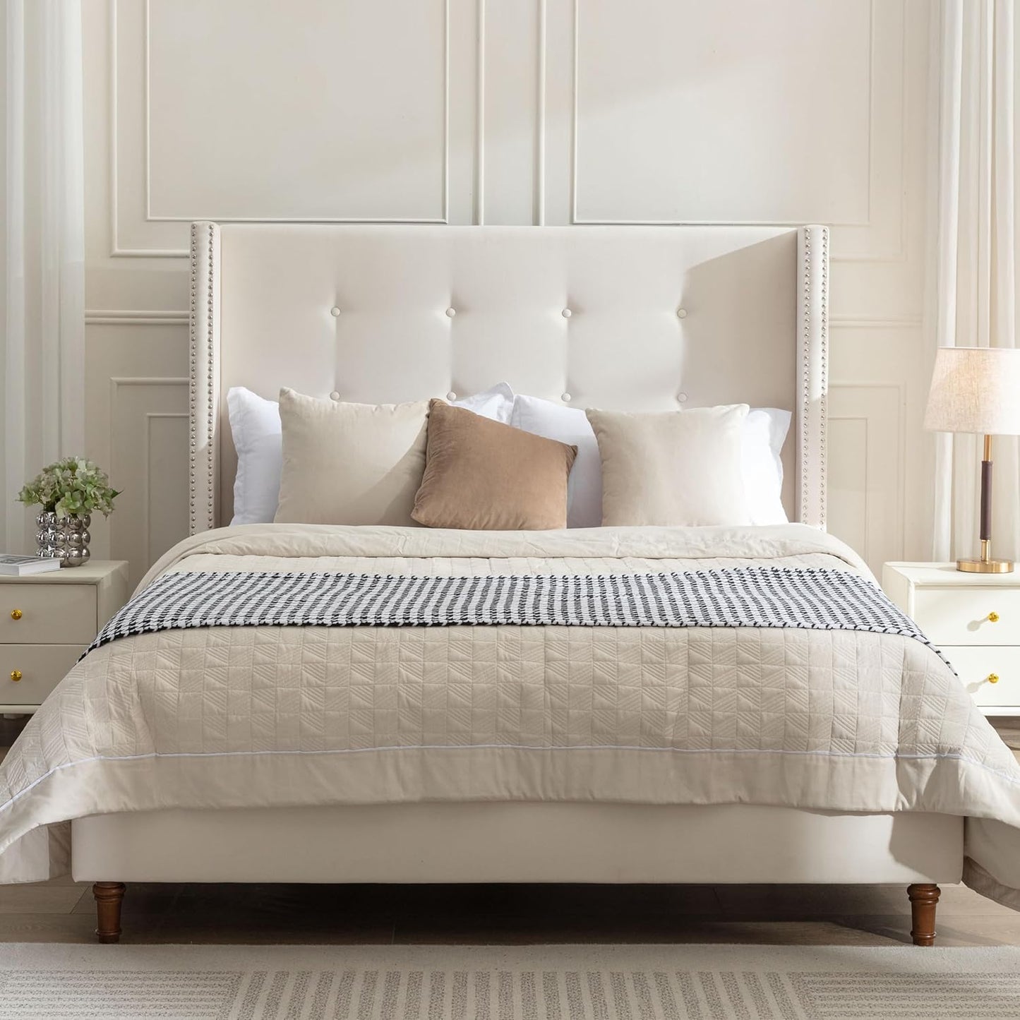 Queen Size Upholstered Platform Bed Frame, 54" High Headboard Carmen Wingback Bed, Fully Upholstered Mattress Foundation, No Box Spring Needed No Noise, Minimalist, Textured Ivory
