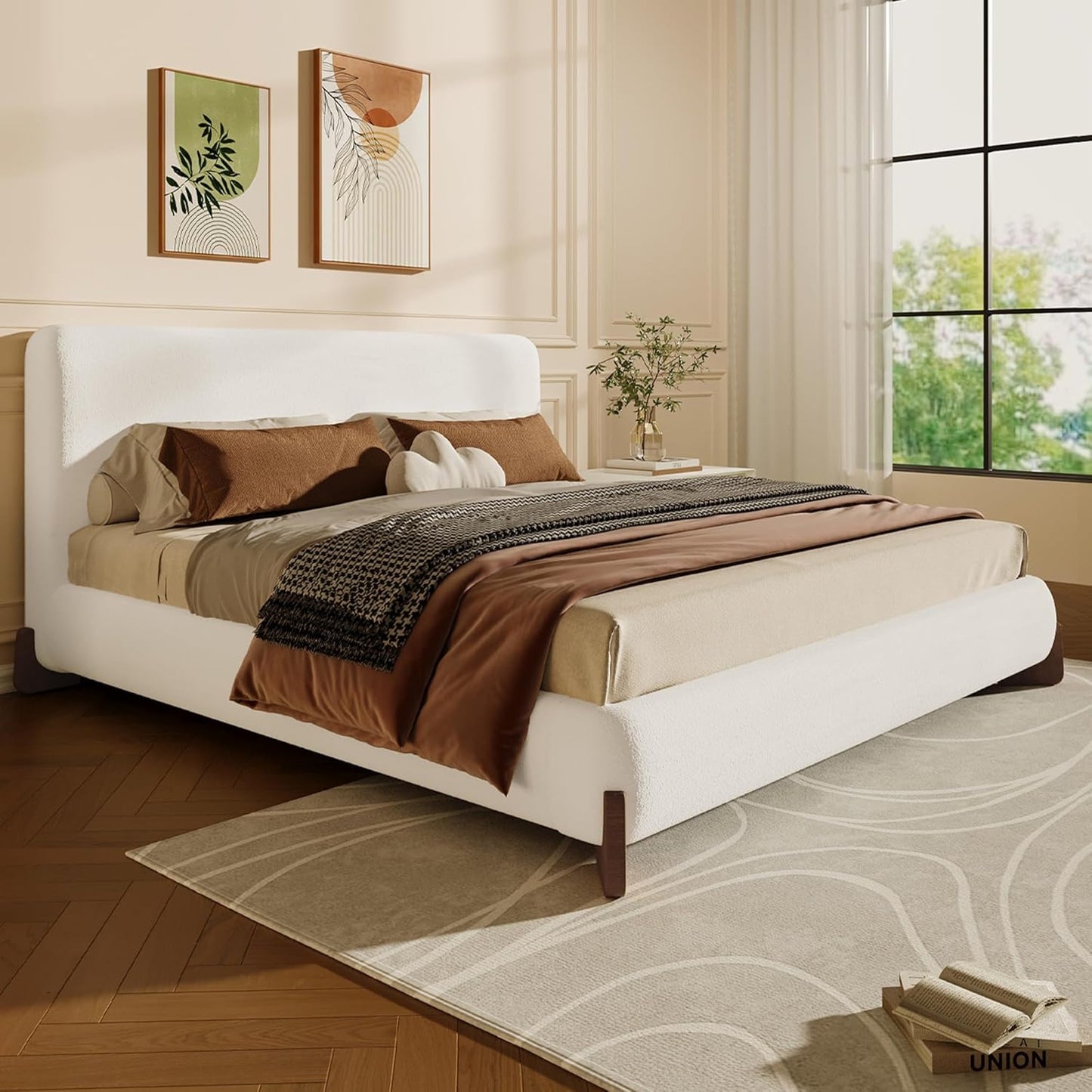 Merax Boucle Upholstered Bed, King Bed Frame and Headboard, Platform Bedframe, No Box Spring Required, Easy Assembly, White