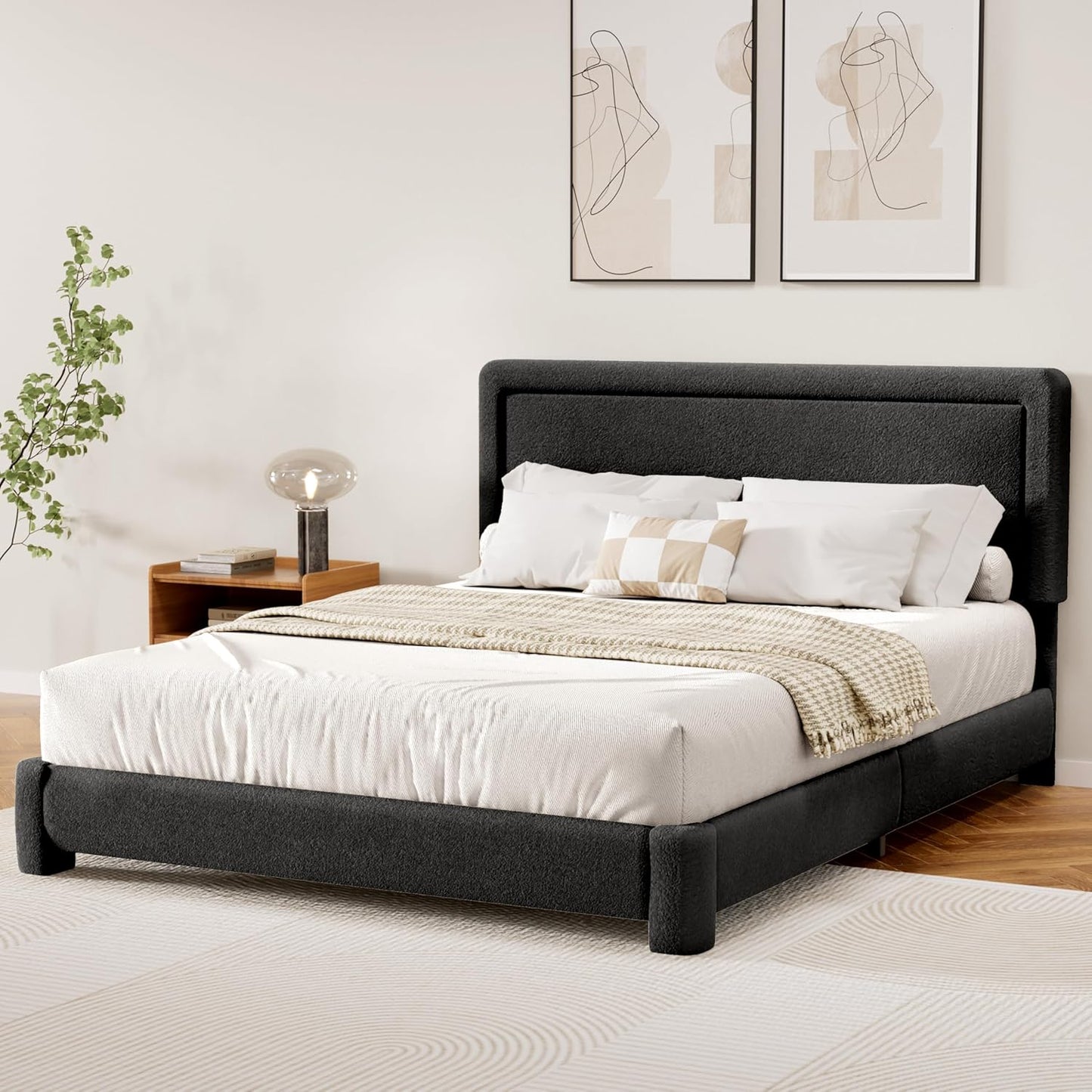Queen Size Boucle Bed Frame, Modern Cream Bed Frame with Headboard, Soft Rounded Corners, No Box Spring Required, Adjustable Headboard, Easy Assembly