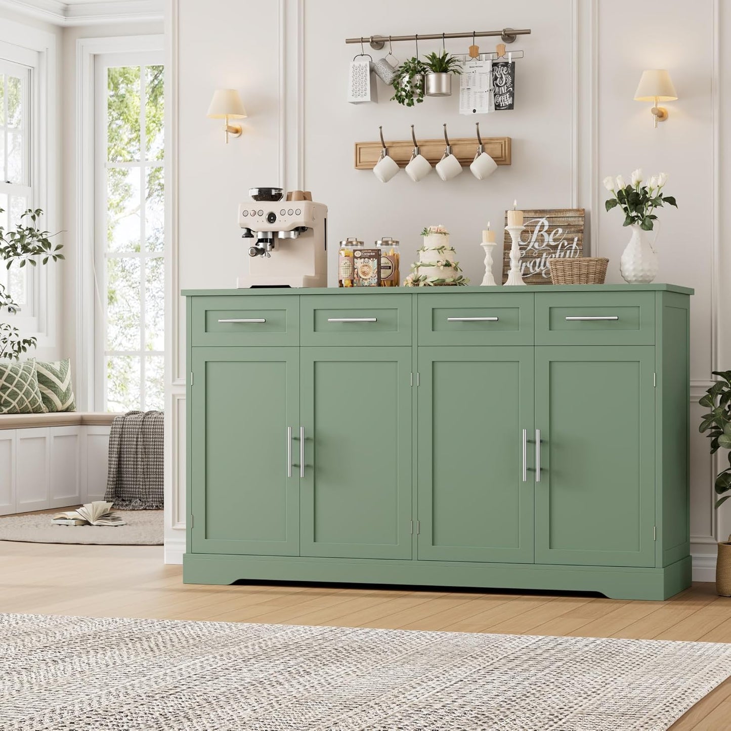 HOSTACK 60" Large Buffet Sideboard with Storage, 36" Tall Kitchen Buffet Storage Cabinet with 4 Drawers, Modern Coffee Bar Cabinet with Gold Handles, Long Sideboard Buffet Table for Kichen, White